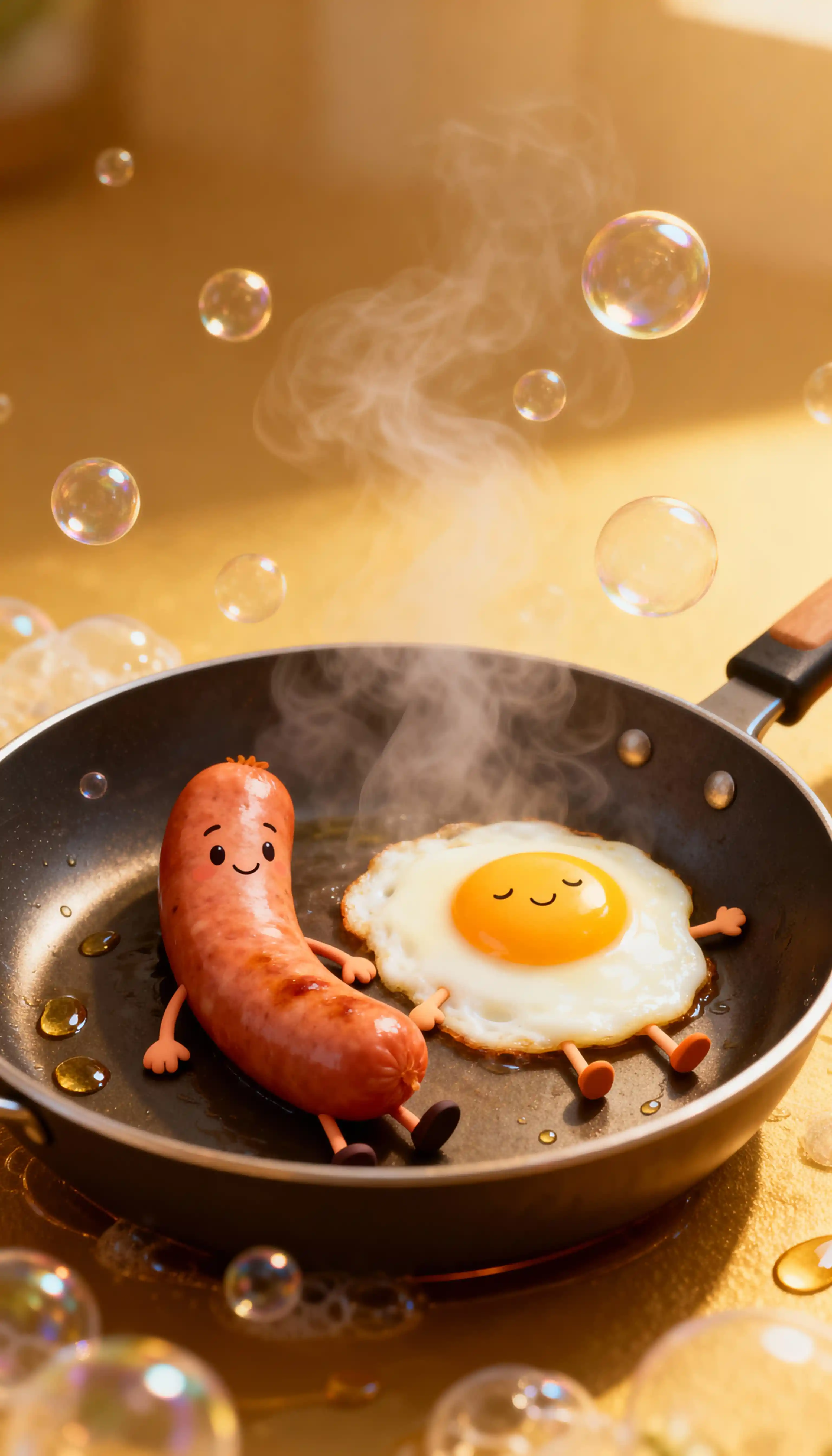 Cartoon sausage and egg relaxing in a warm pan