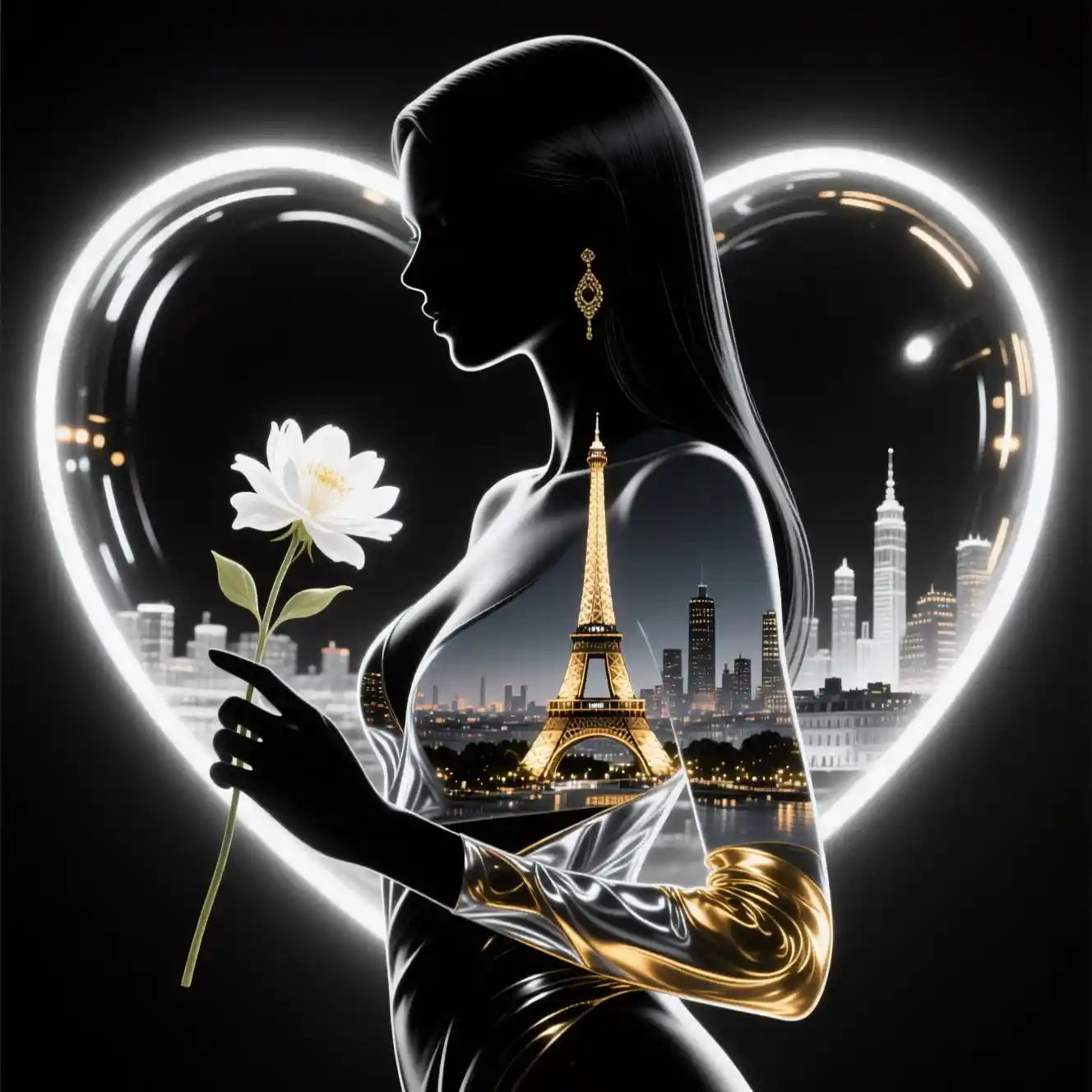 Double exposure portrait of a woman with paris skyline