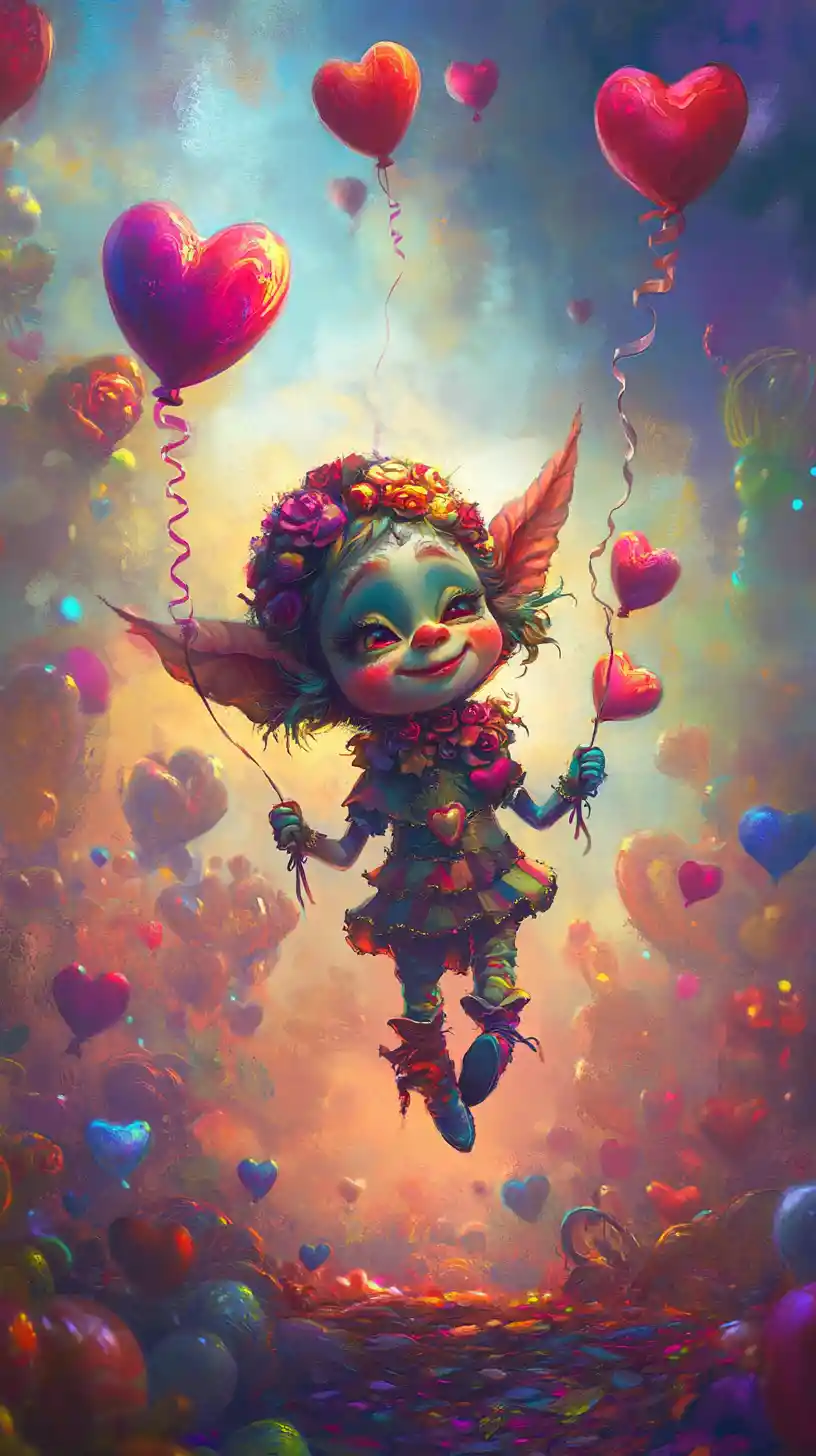 Verspielter Valentins-Elf in einer surrealen Pastell-Traumlandschaft