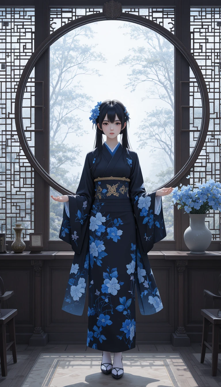 木の部屋で丸い窓辺に立つ青い着物の女性