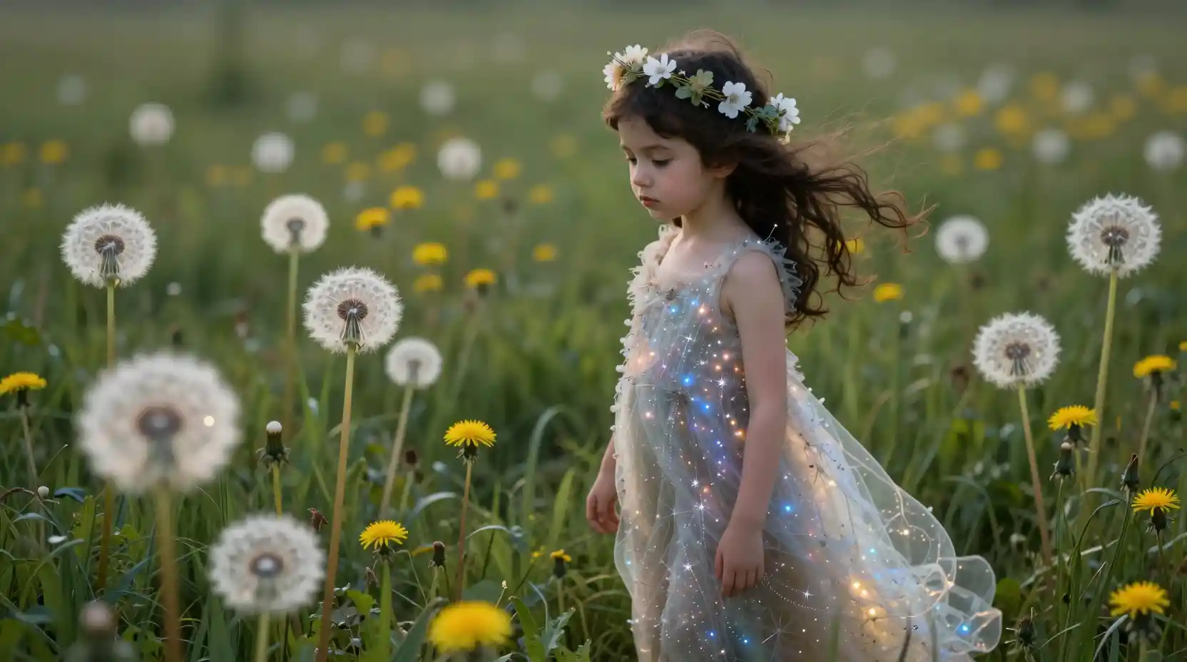Fantasy girl in starlight gown in glowing dandelion meadow