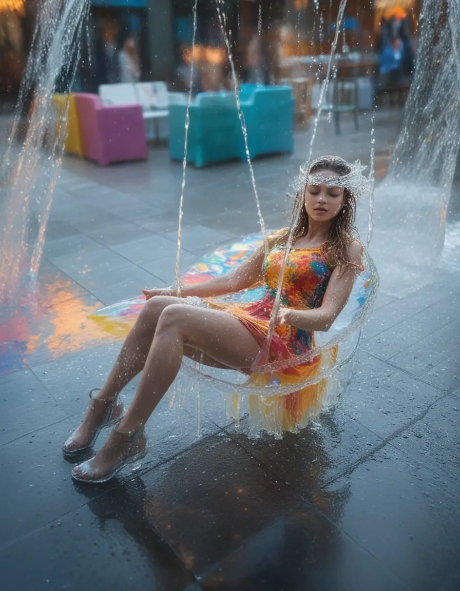 Abstract woman in motion with liquid forms and bokeh splashes