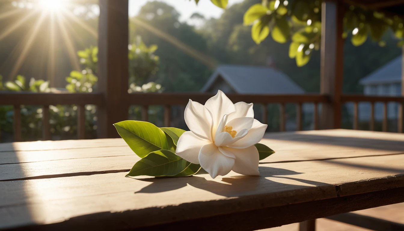 Gardenia Flower On Sunlit Veranda Table In Close Up View