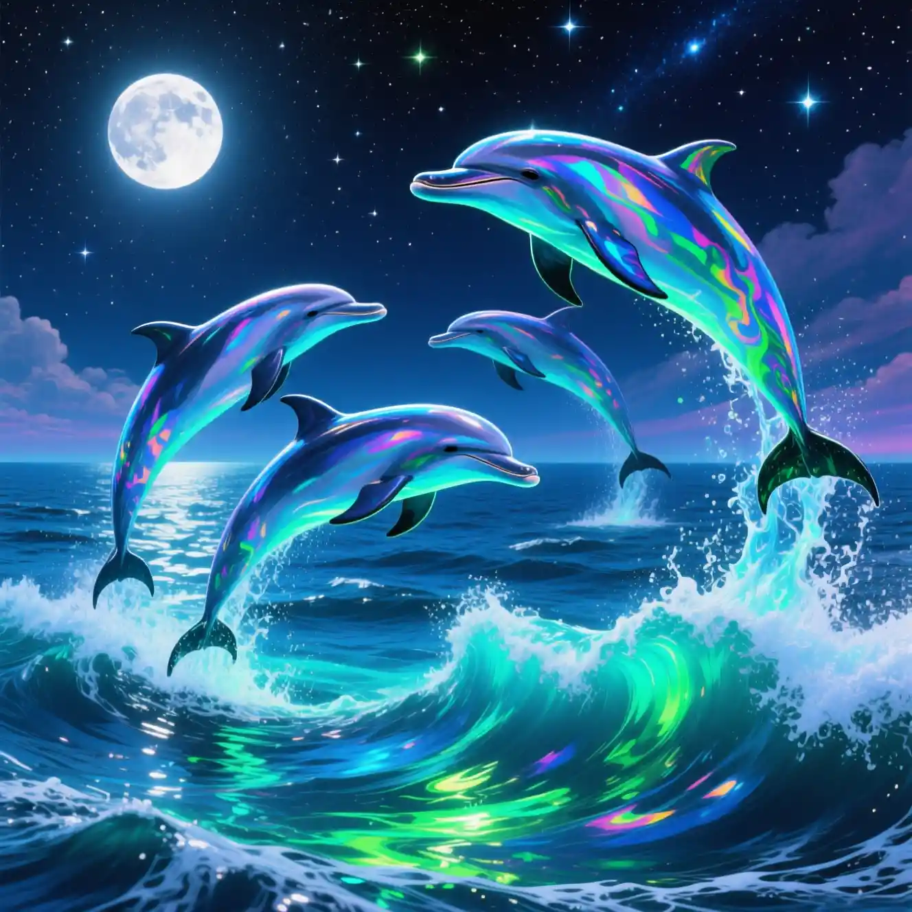 Iridescent dolphins dancing across a moonlit glowing sea