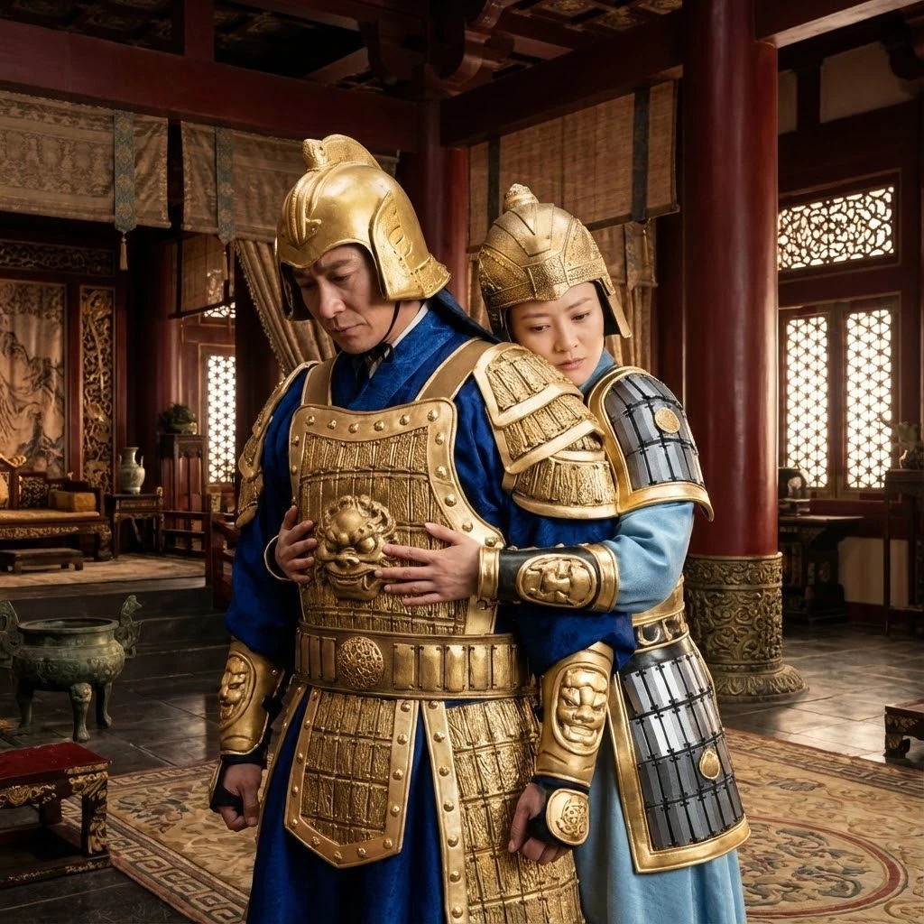 Chinese warrior couple in golden armor in palace embrace