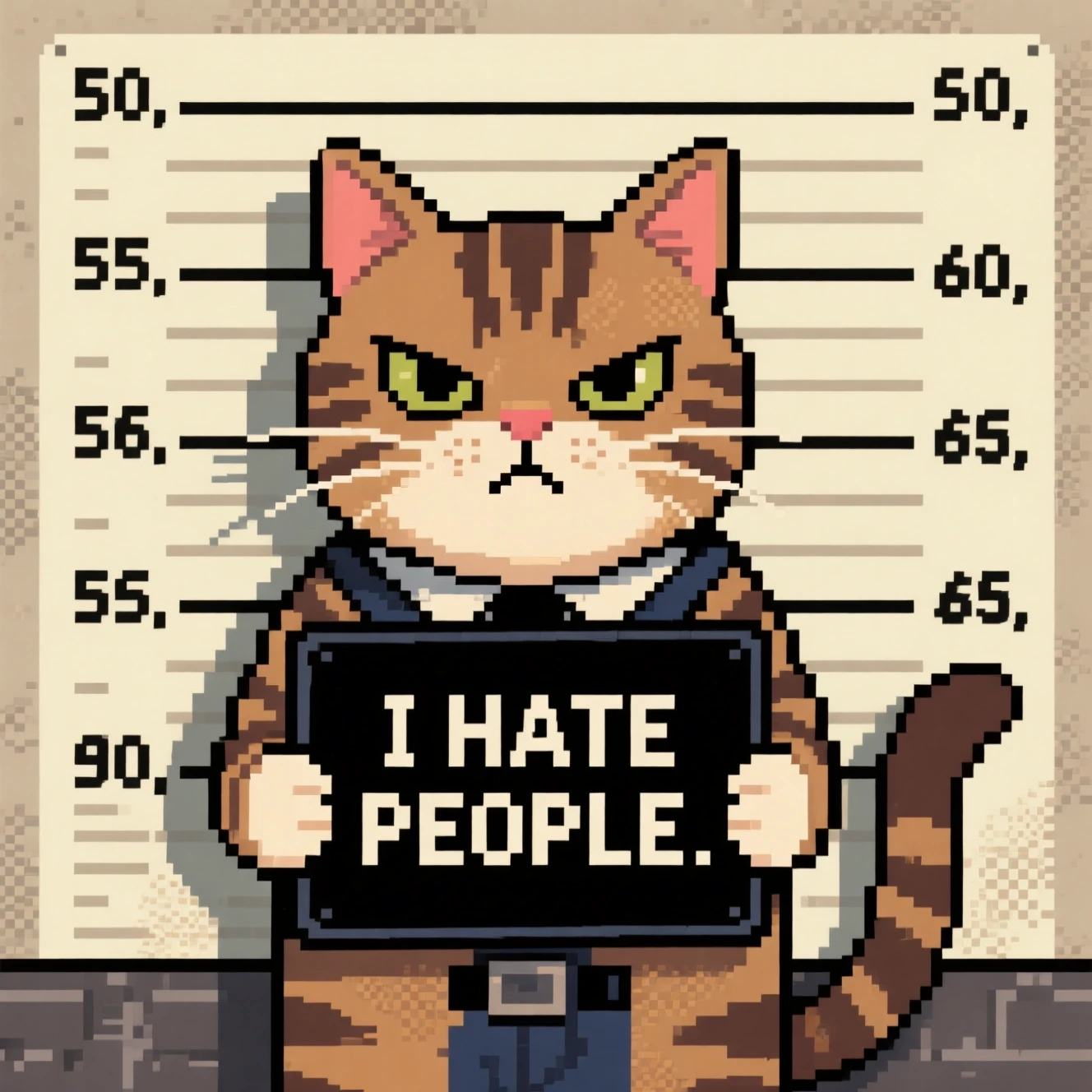 Grumpy Tabby Cat Police Mugshot In Pixel Comic Style
