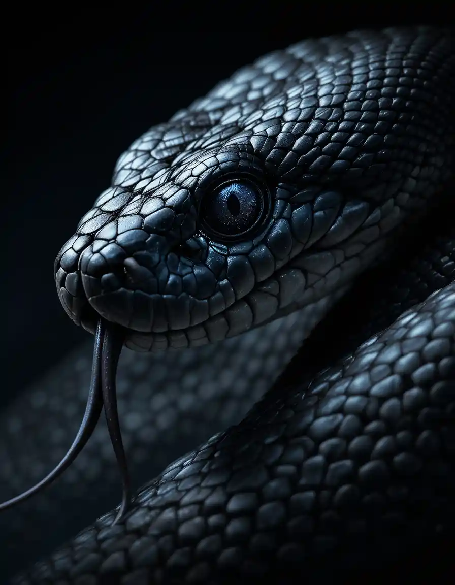Black snake extreme close up with glistening scales and tongue