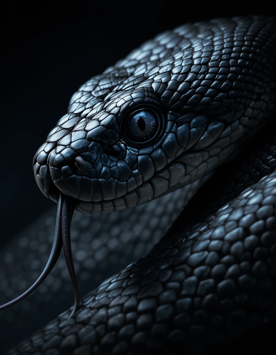 Black snake extreme close up with glistening scales and tongue