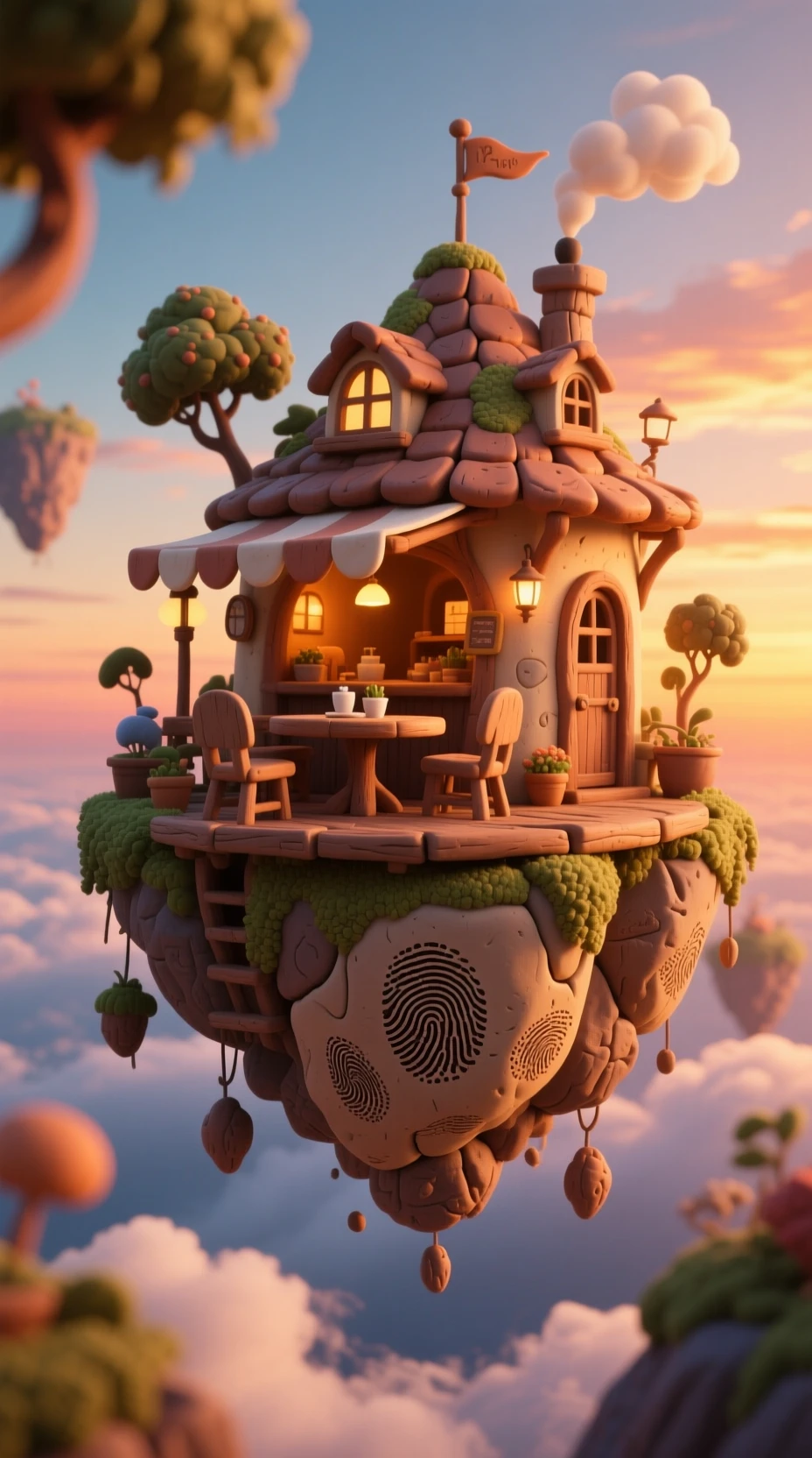 Floating Island Cafe In A Whimsical Claymation Sky