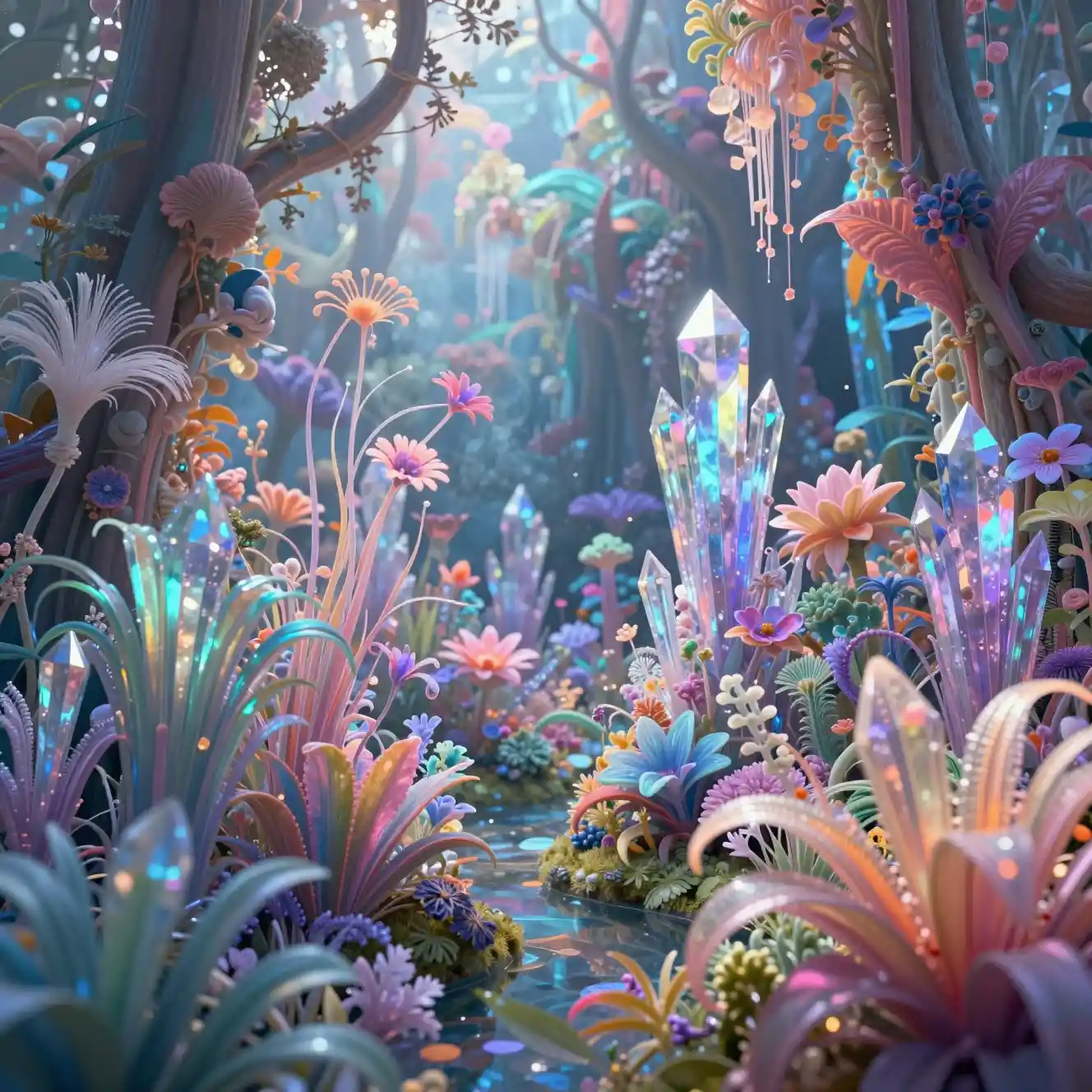 Vivaci piante fantasy in un paesaggio cristallino luminoso