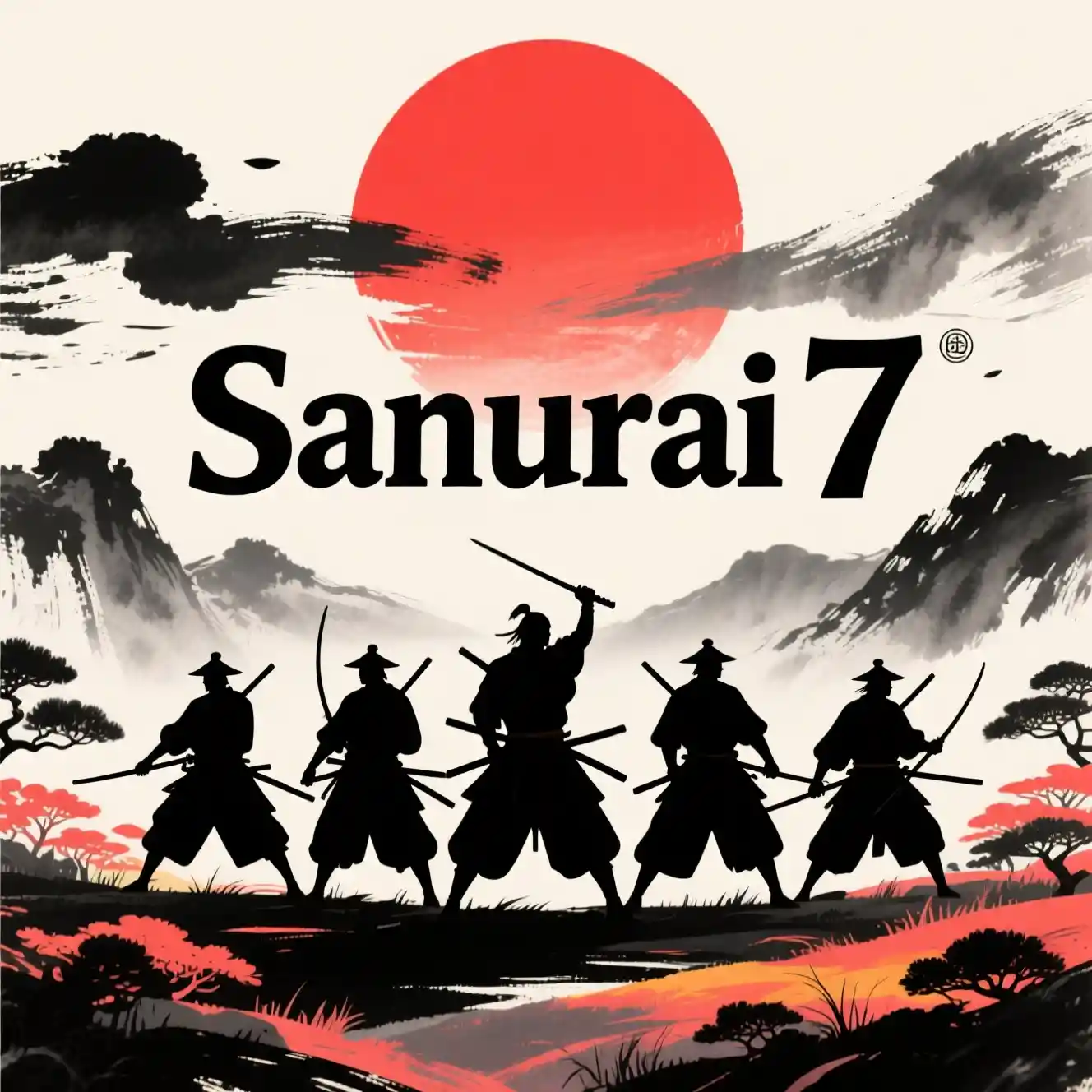 Silhouette minimaliste di samurai sotto un grande sole cremisi