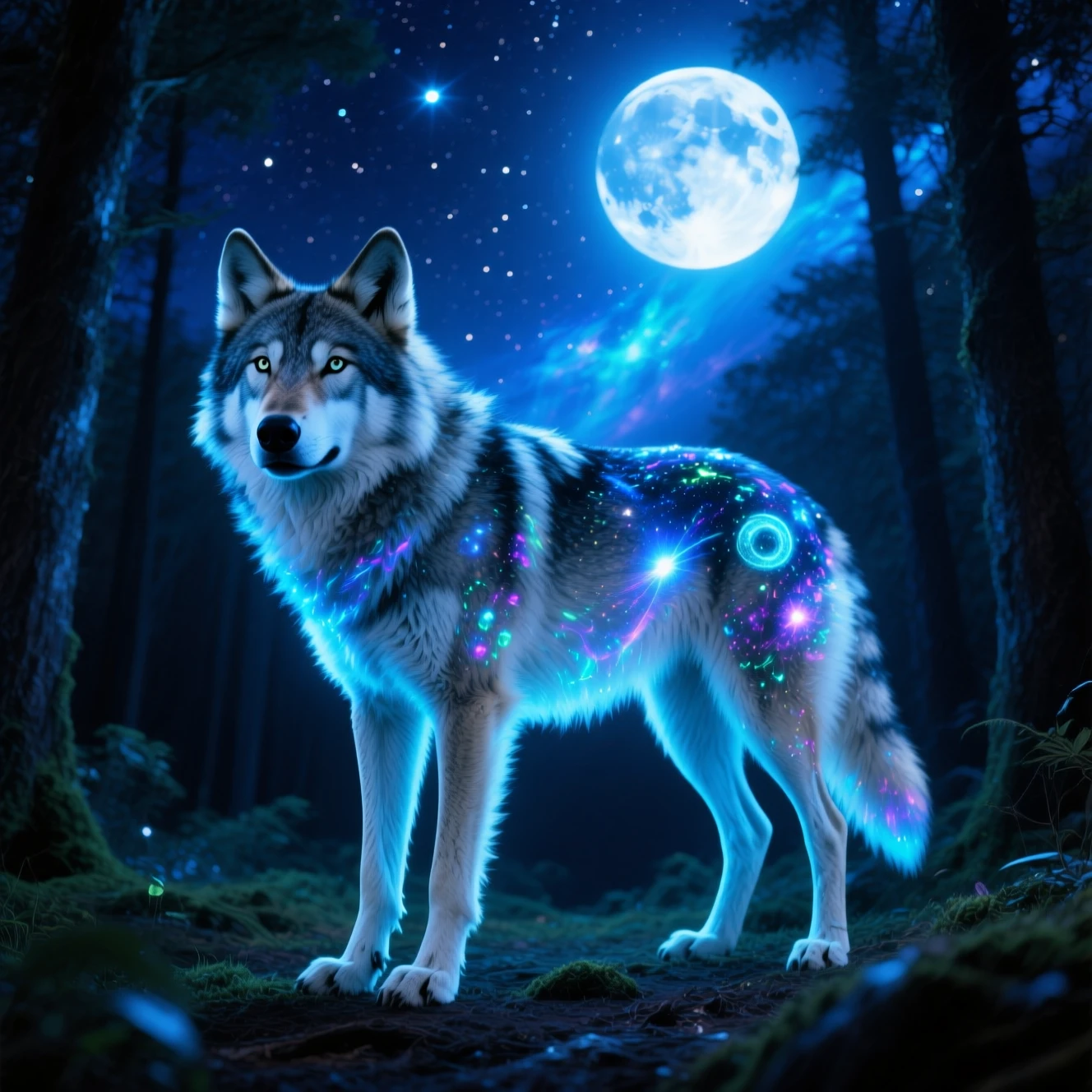 Bioluminescent wolf howling at the moon in dark forest