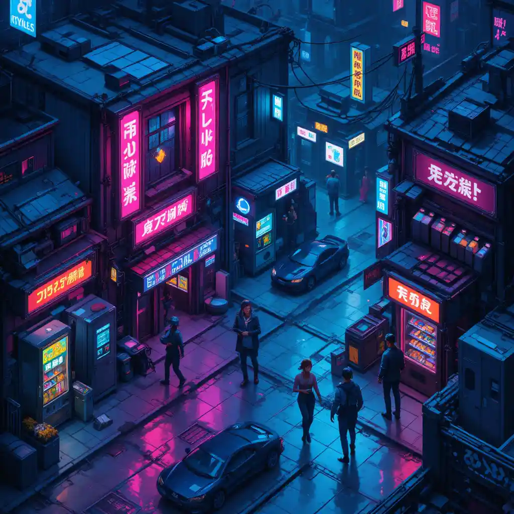 Cyberpunk pixel art street corner with neon city lights