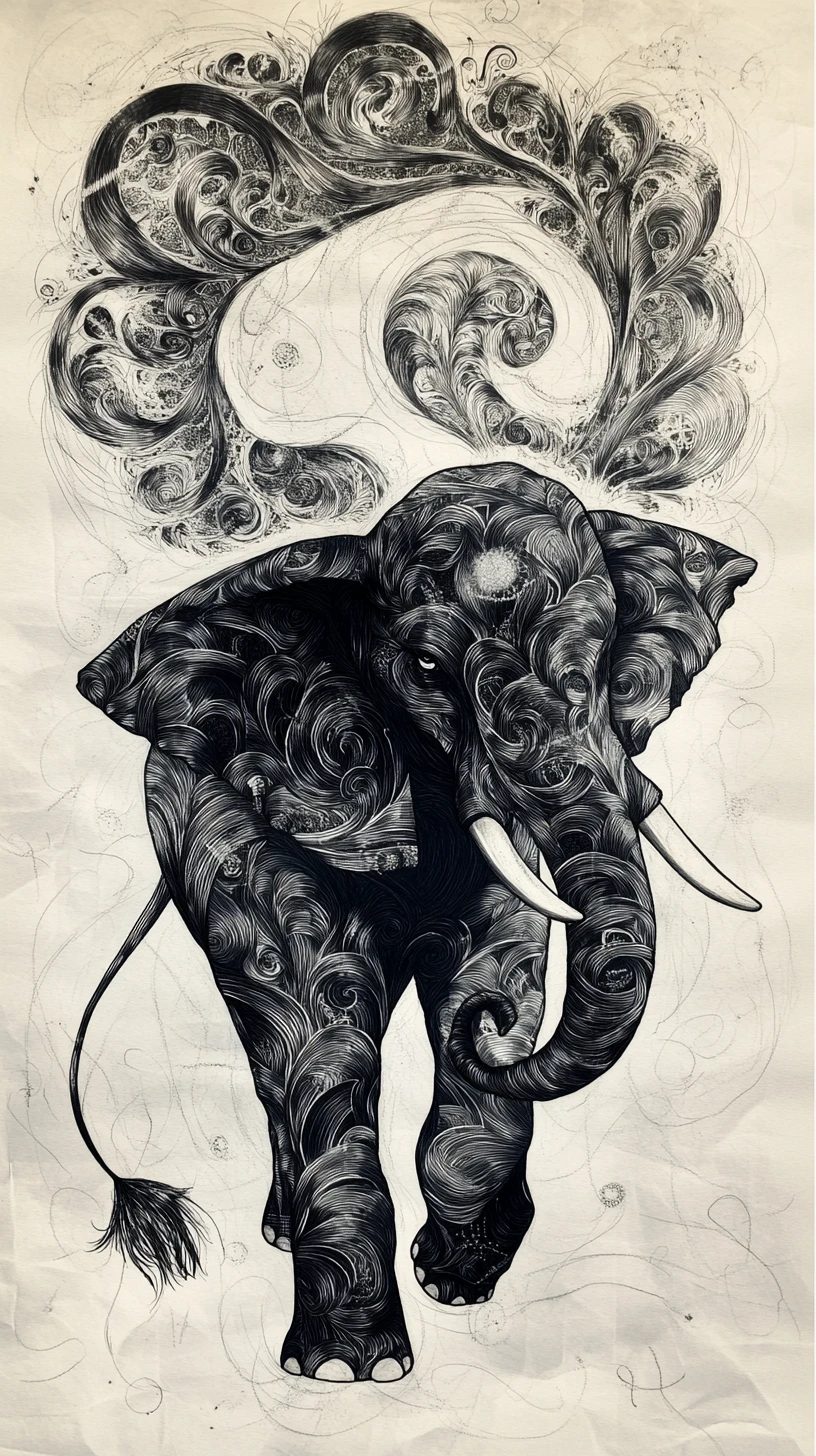 Mystical Elephant Silhouette With Yin Yang Ink Patterns
