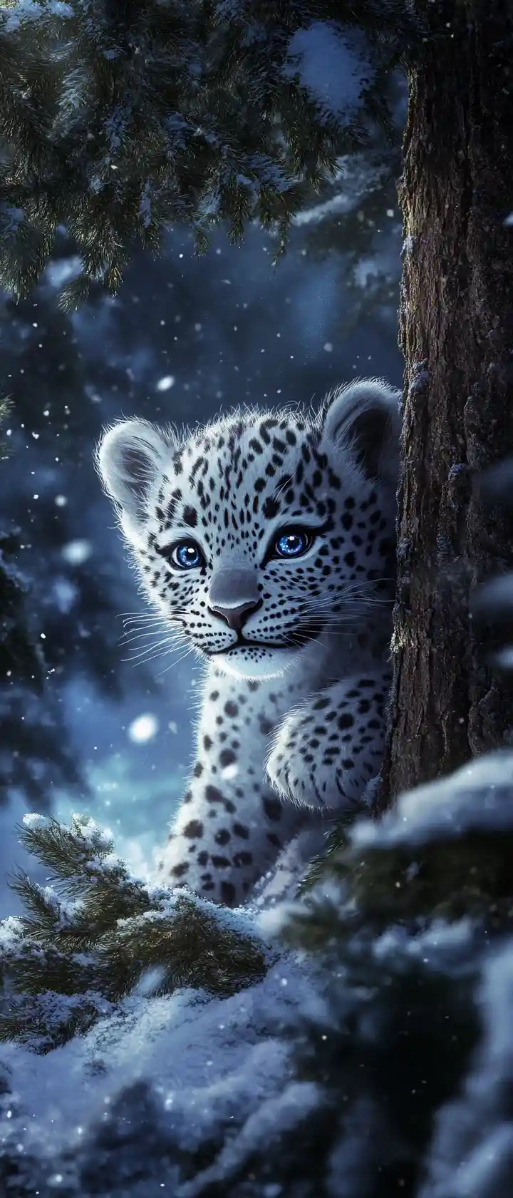 Cute anime leopard cub playing in winter forest
