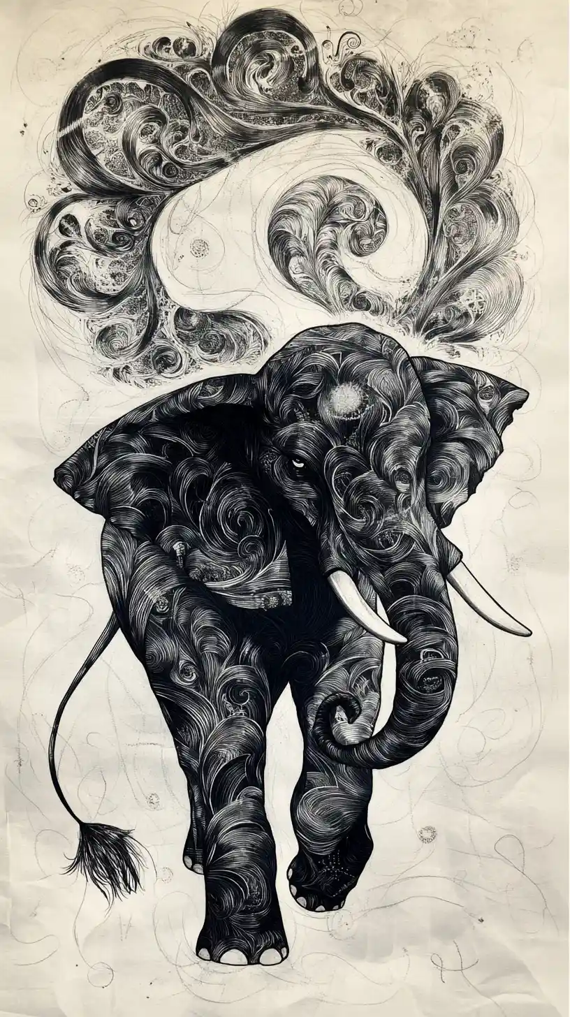 Mystical Elephant Silhouette With Yin Yang Ink Patterns