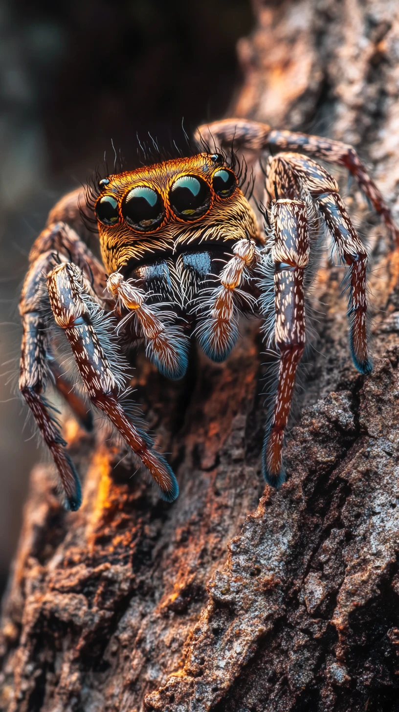 Gros plan d’une araignée sauteuse sur l’écorce rugueuse et vieillie d’un arbre