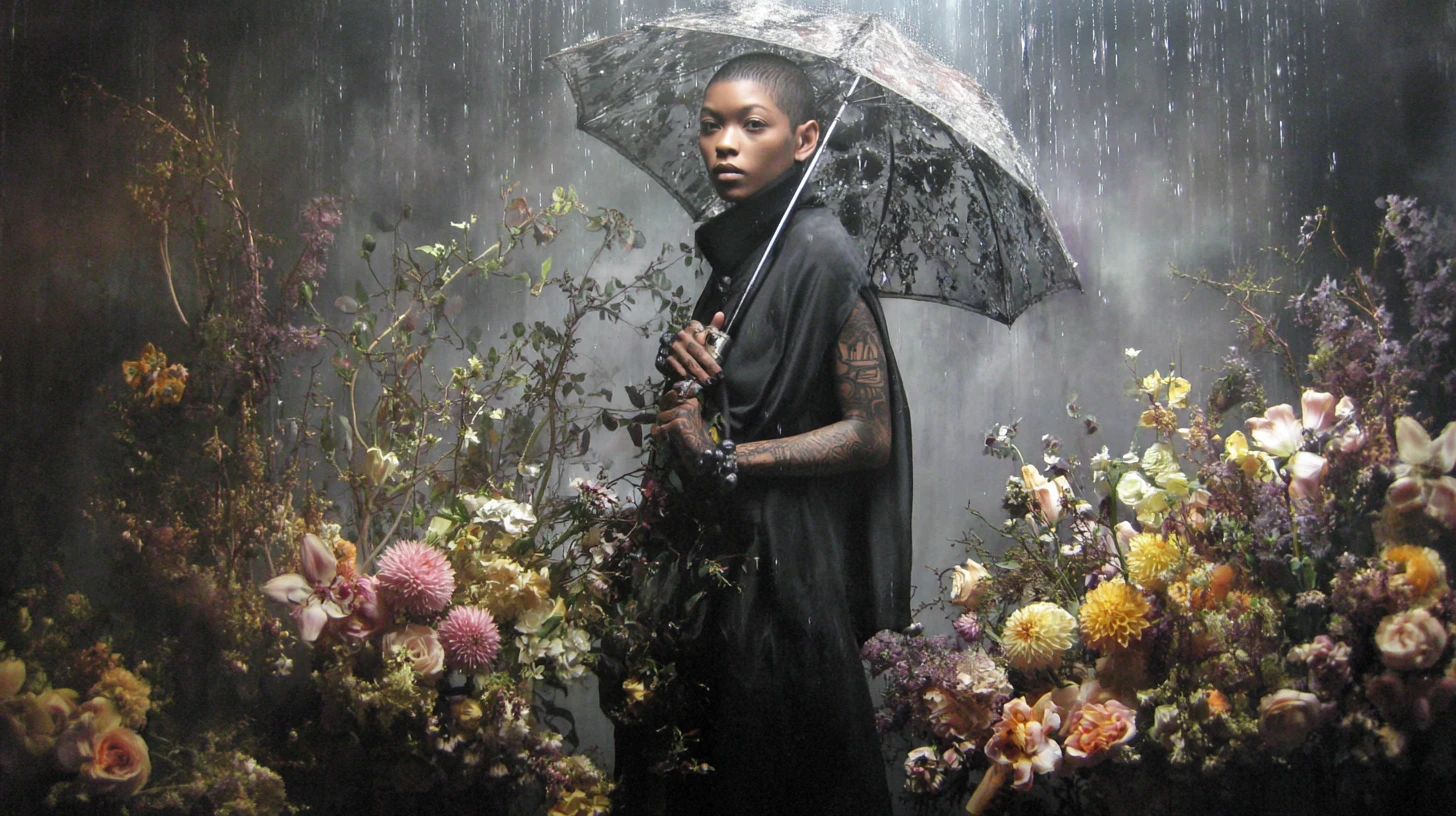 Androgynous woman with umbrella standing in surreal rainy scene