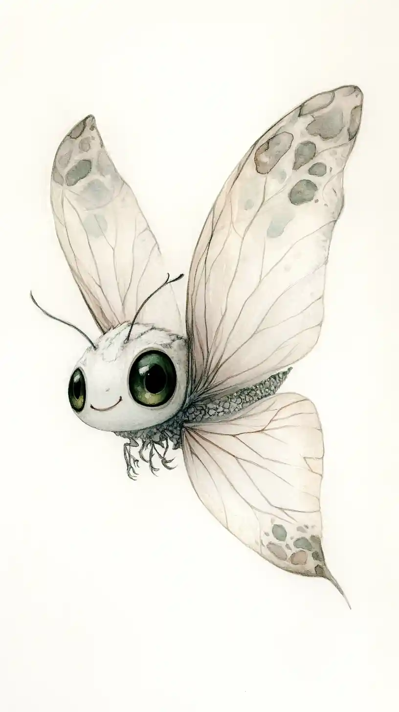 Träumerischer Aquarellschmetterling mit großen leuchtend grünen Augen