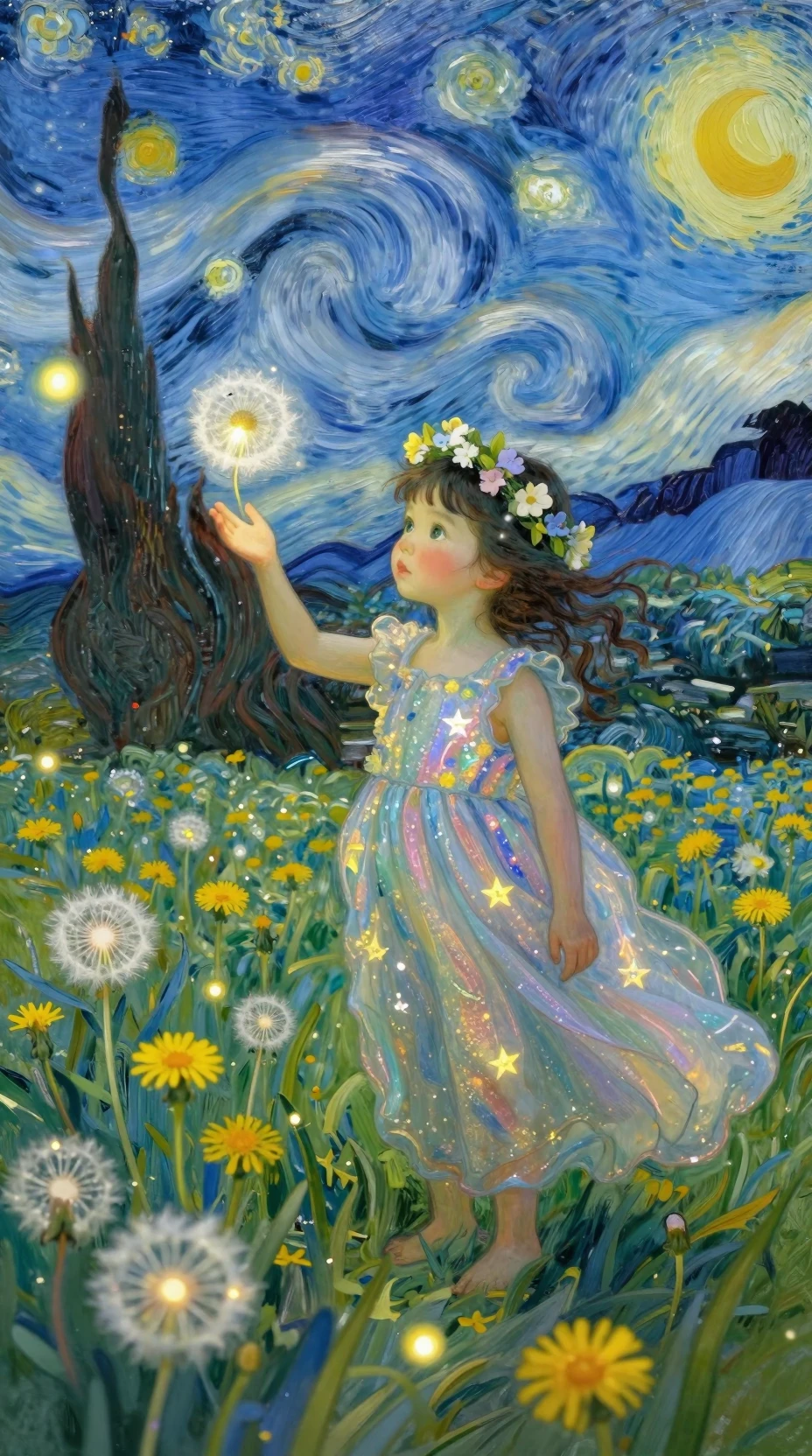 Whimsical girl in starlit gown playing with glowing fireflies