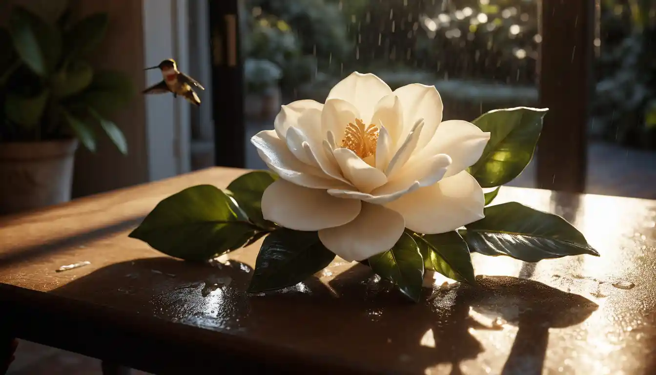 Gardenia On Rain Kissed Veranda In Warm Sunlight