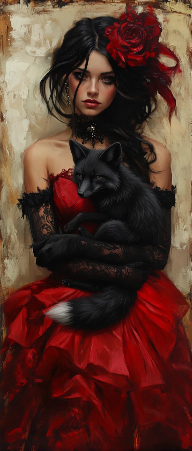 Woman gently cuddling with a calm black fox