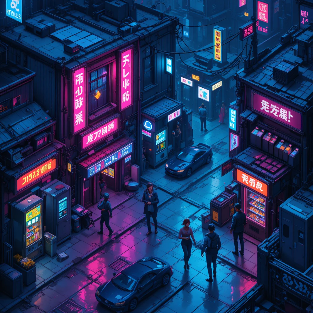 Cyberpunk pixel art street corner with neon city lights