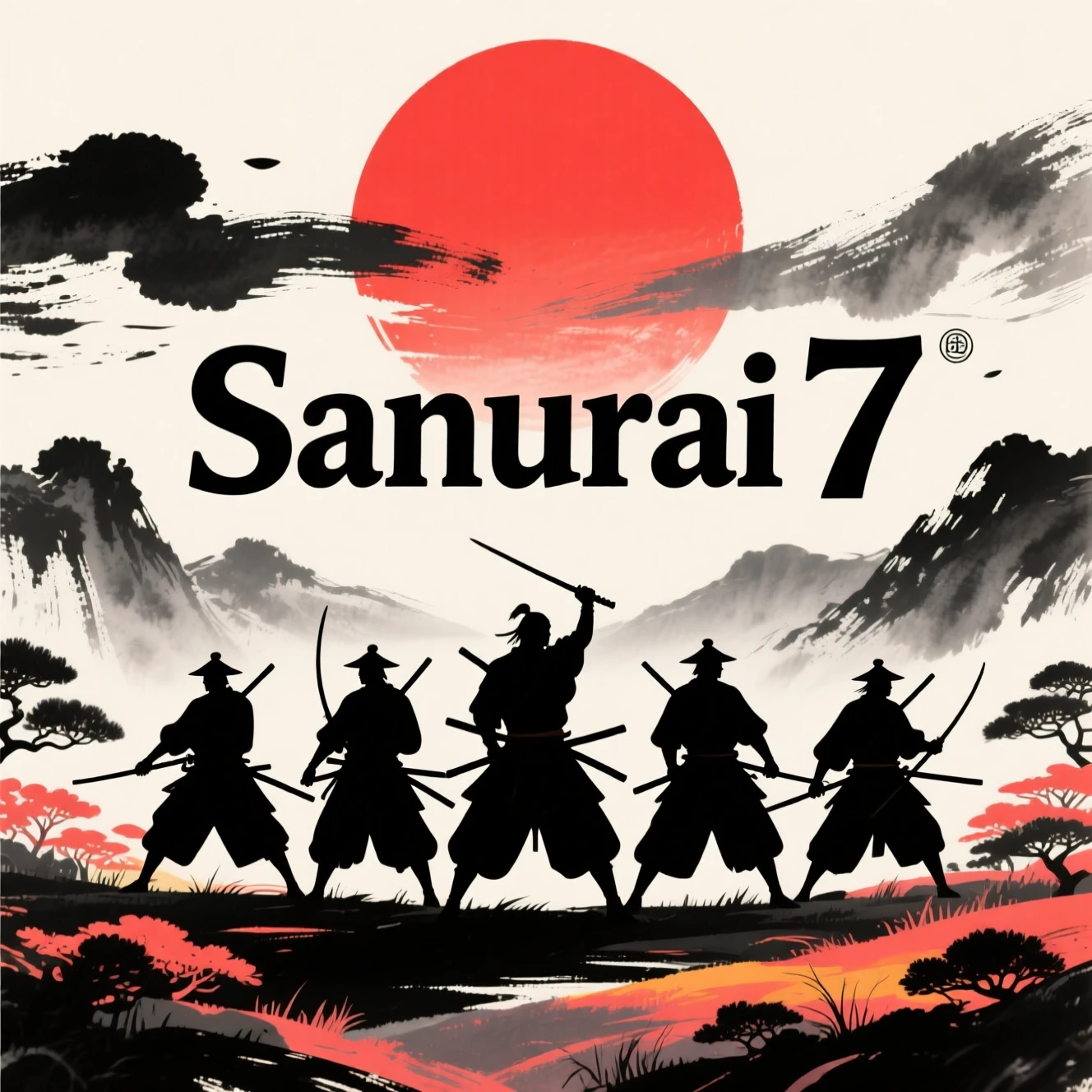 Silhouette minimaliste di samurai sotto un grande sole cremisi