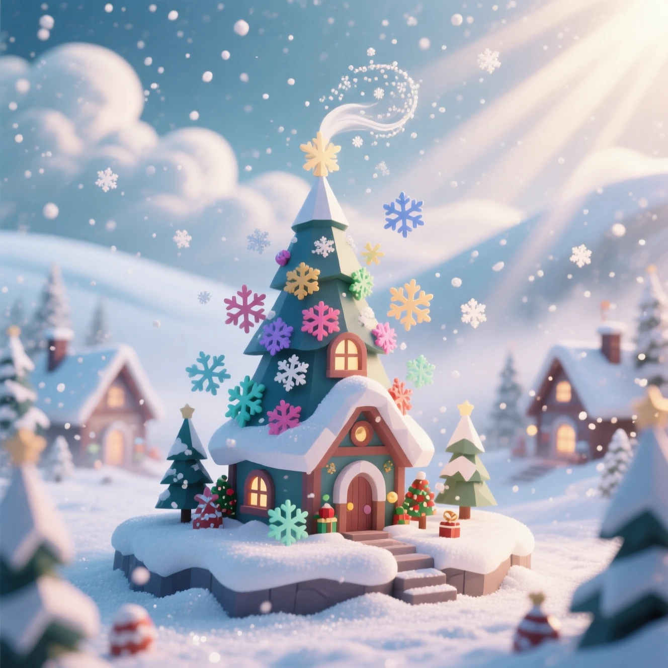 Verspieltes Winterdorf-Diorama im fallenden Schnee
