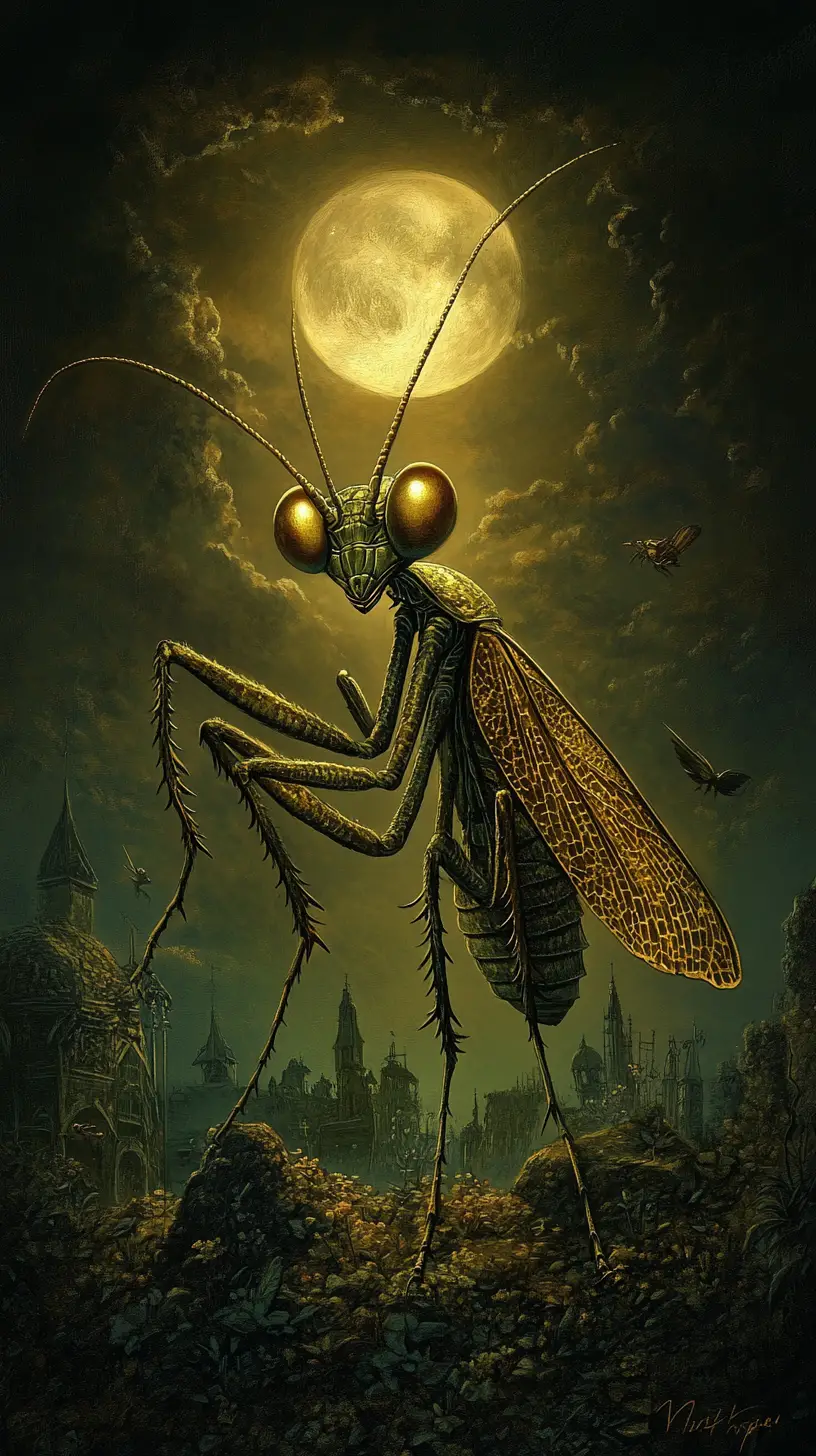 Surreal mantis emerging over a dark gothic landscape