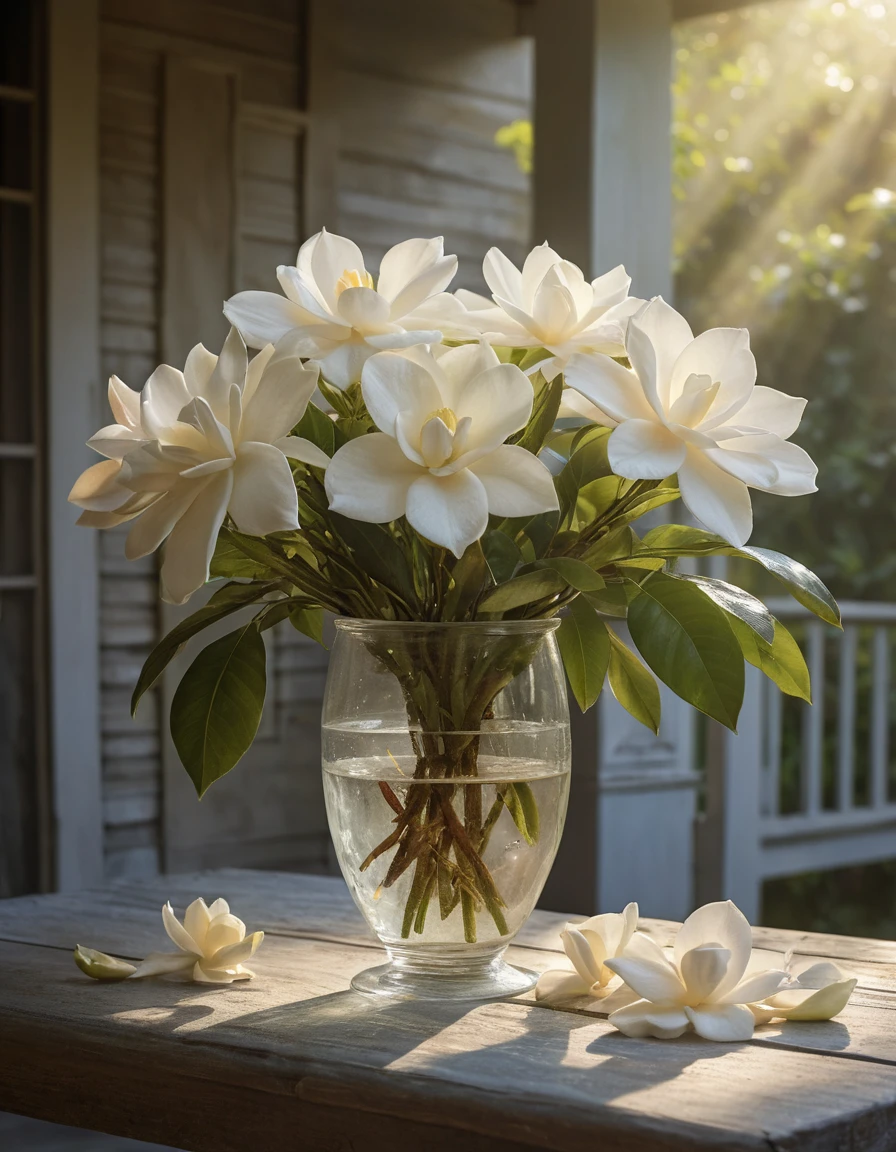 Ramo de gardenias sobre mesa de porche a la luz neblinosa de la mañana