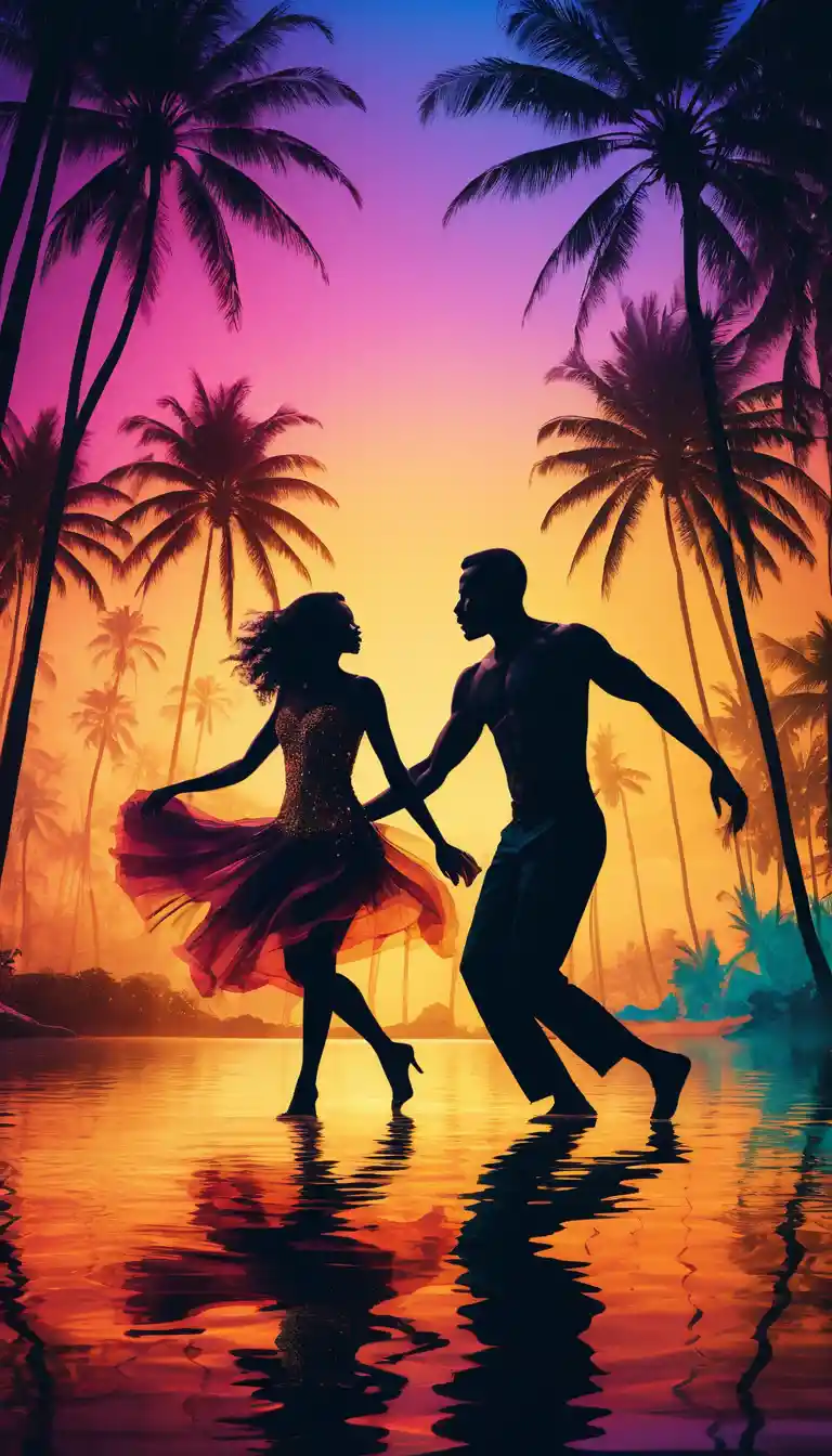 Island sunset party with silhouettes and palm trees