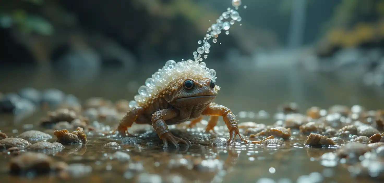 Lagartas explorando uma trilha à beira de lagoa em meio à natureza bucólica