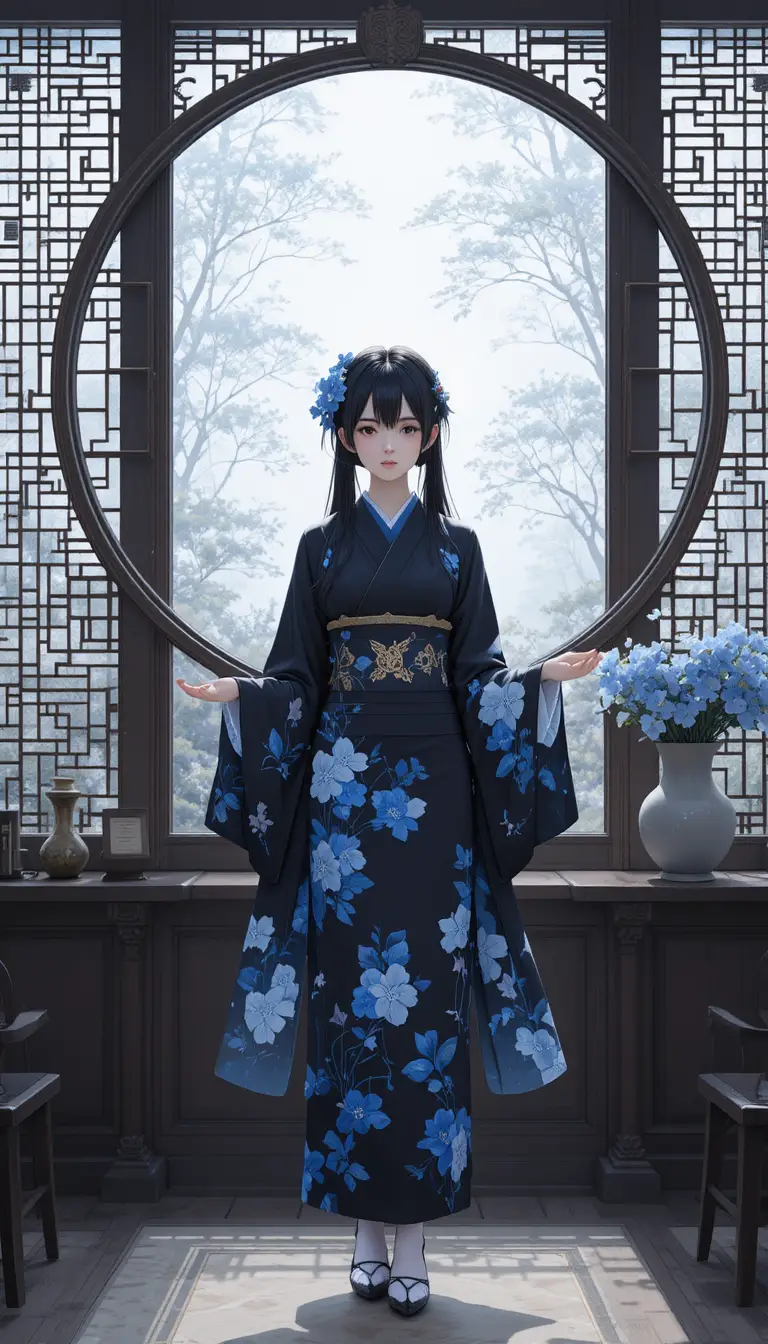Woman in blue kimono by circular window in wooden room