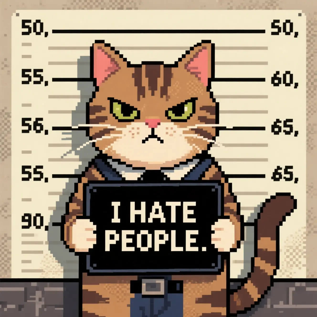 Grumpy Tabby Cat Police Mugshot In Pixel Comic Style
