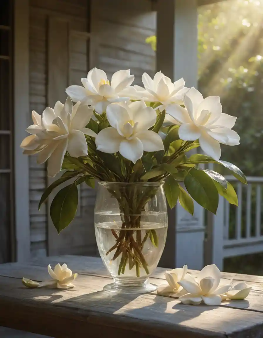 Ramo de gardenias sobre mesa de porche a la luz neblinosa de la mañana