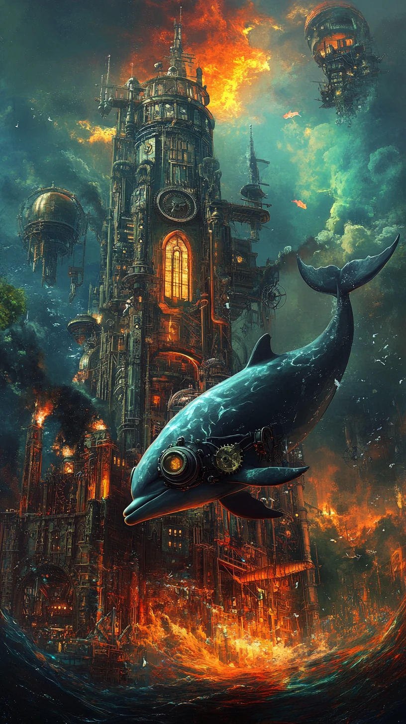 Surreal Steampunk Dolphin In A Sunken Mechanical Cityscape