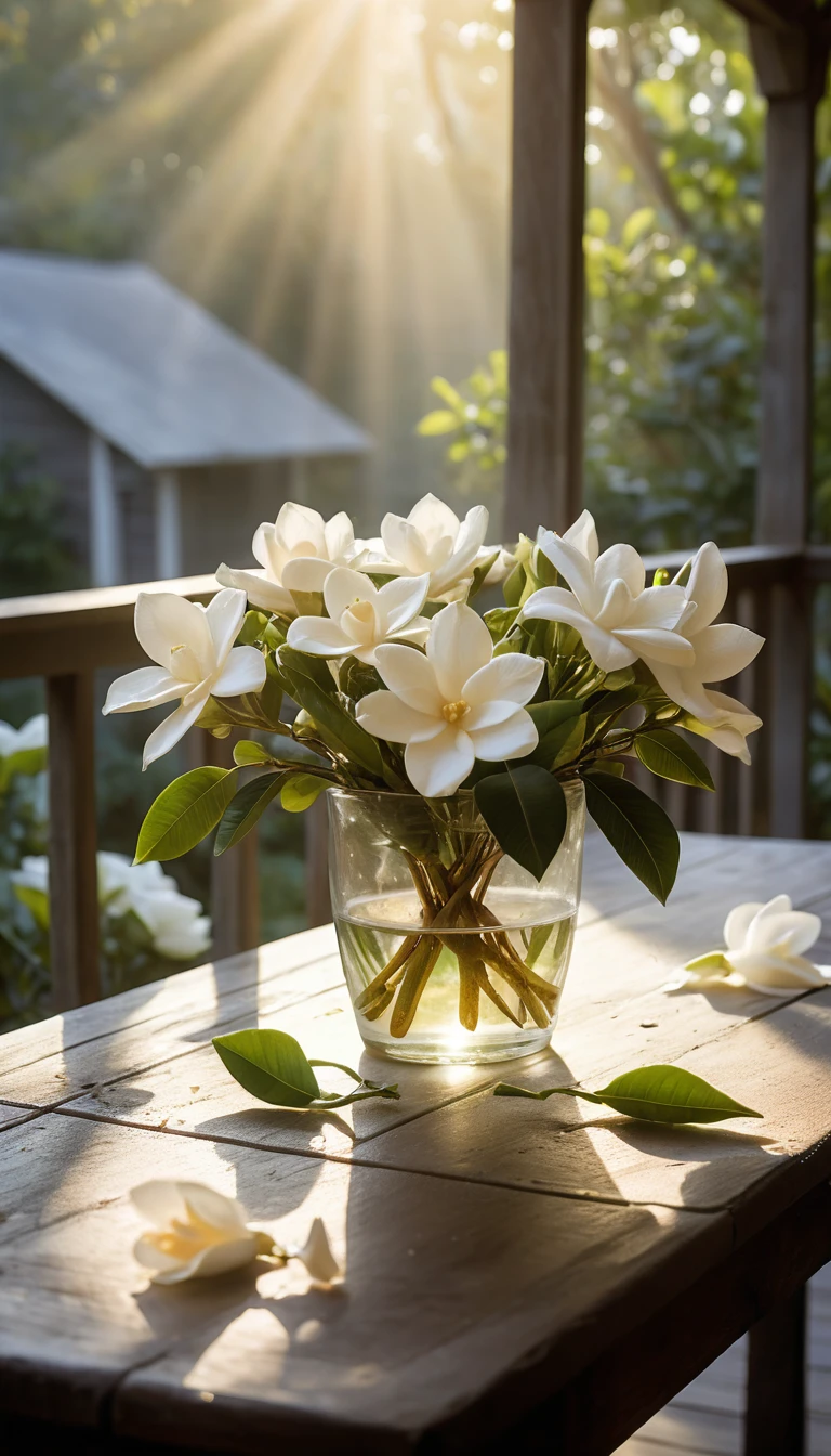Bouquet di gardenie sul tavolo del portico nella soffice luce del mattino