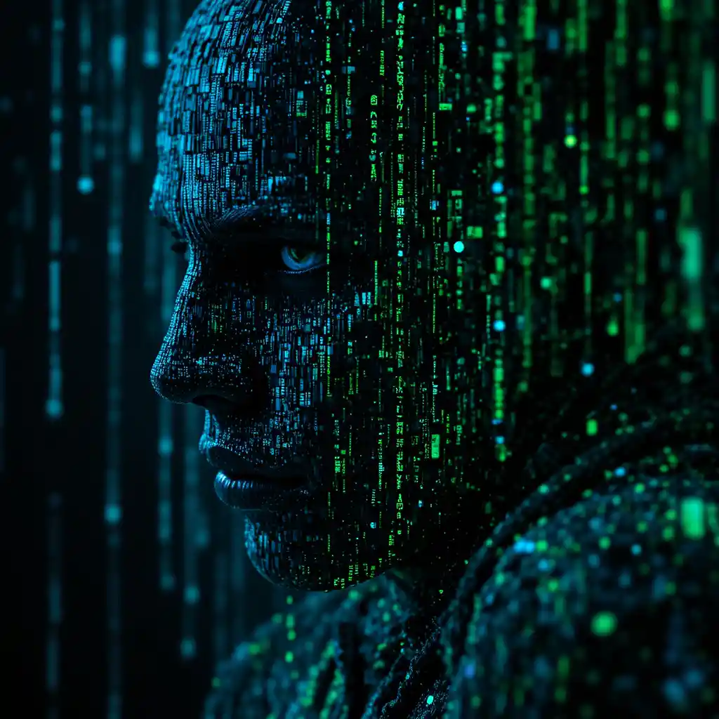 Cinematic glitch typography in a dark digital matrix scene