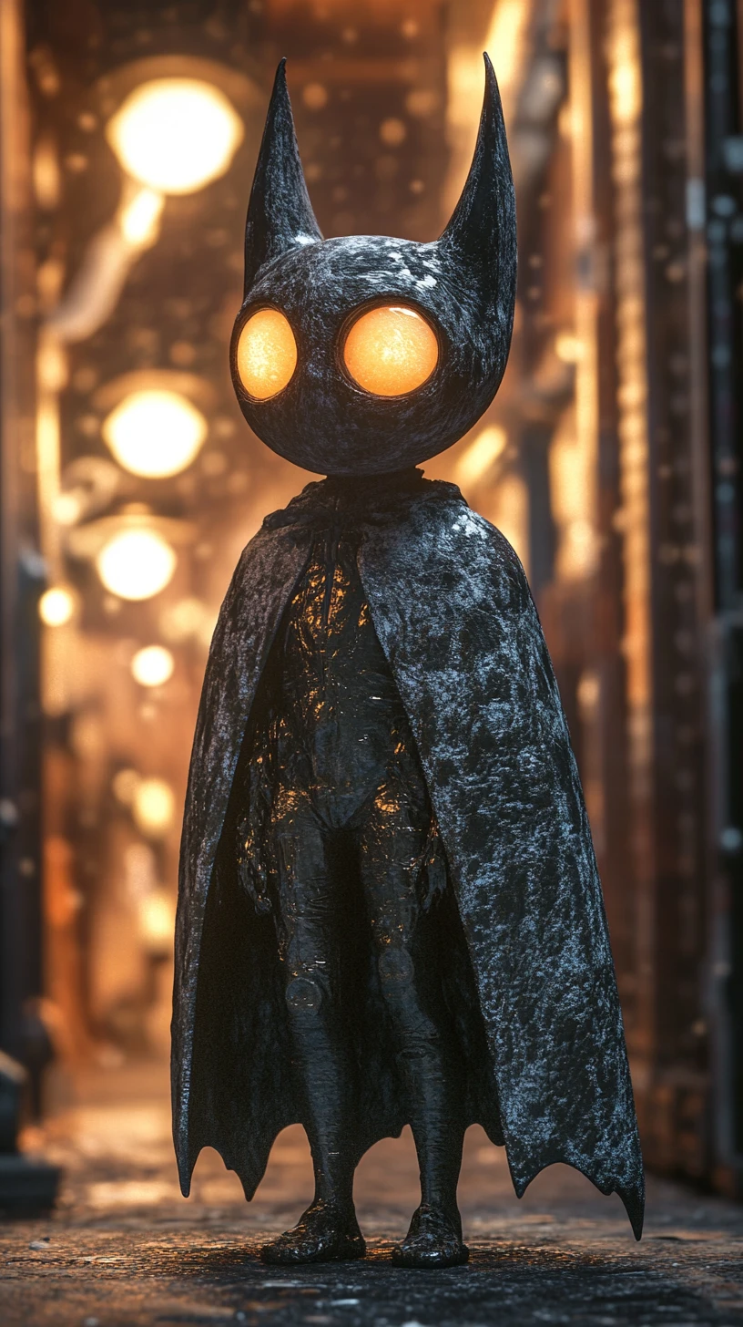Surreal humanoid bat creature in eerie glowing scene