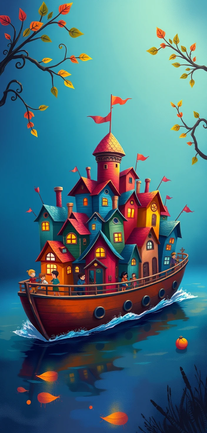 Whimsical village of cabins atop an abstract cruise ship