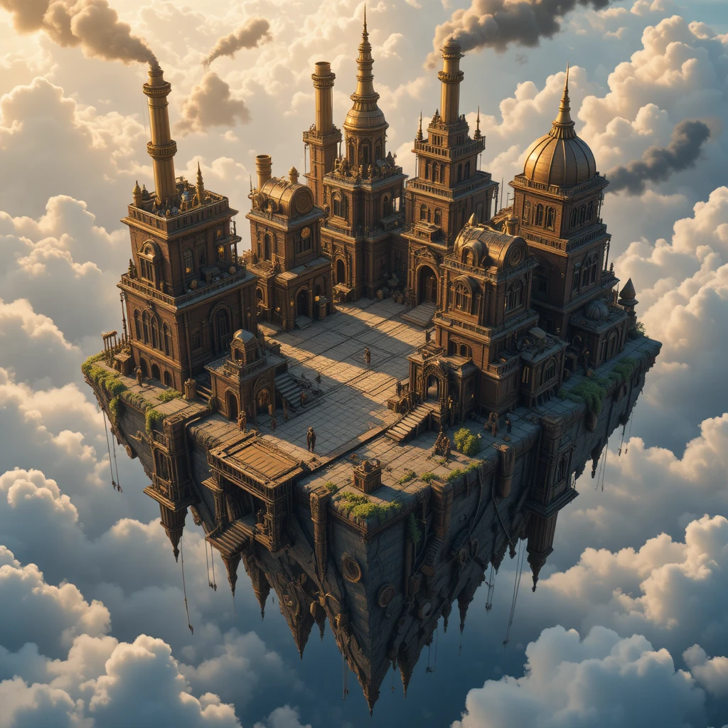 Città steampunk su isola fluttuante con porto per aeronavi al tramonto