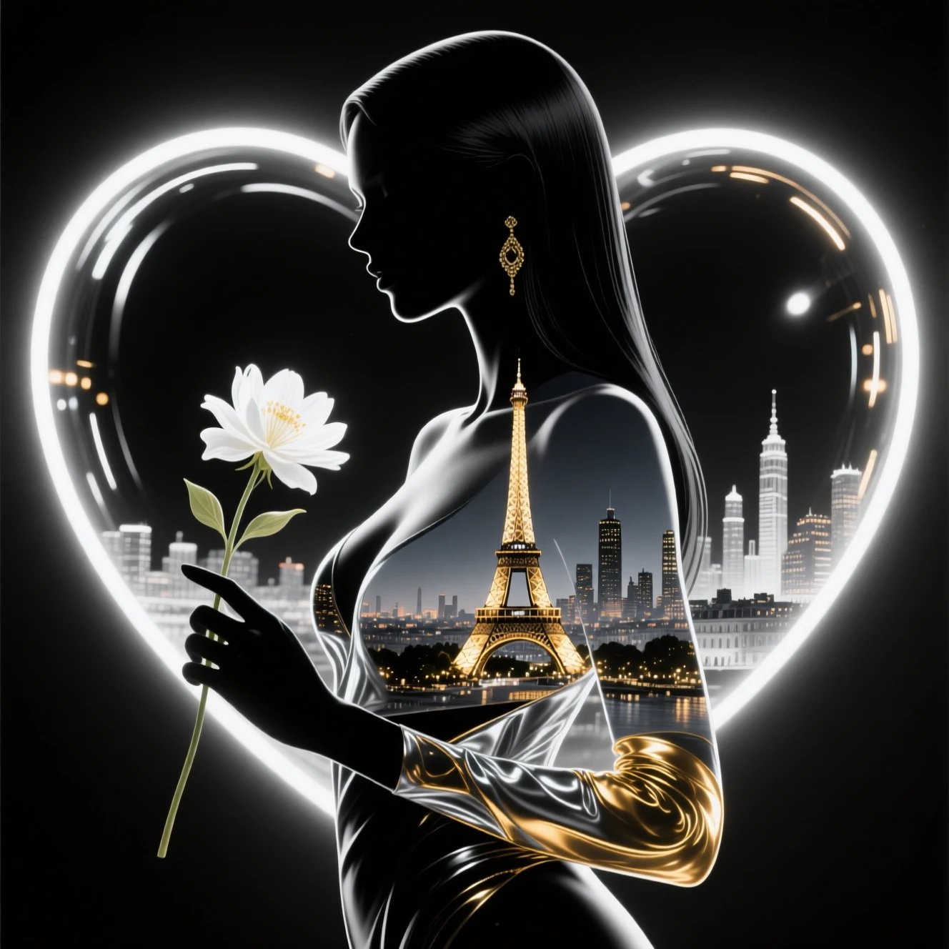 Double exposure portrait of a woman with paris skyline