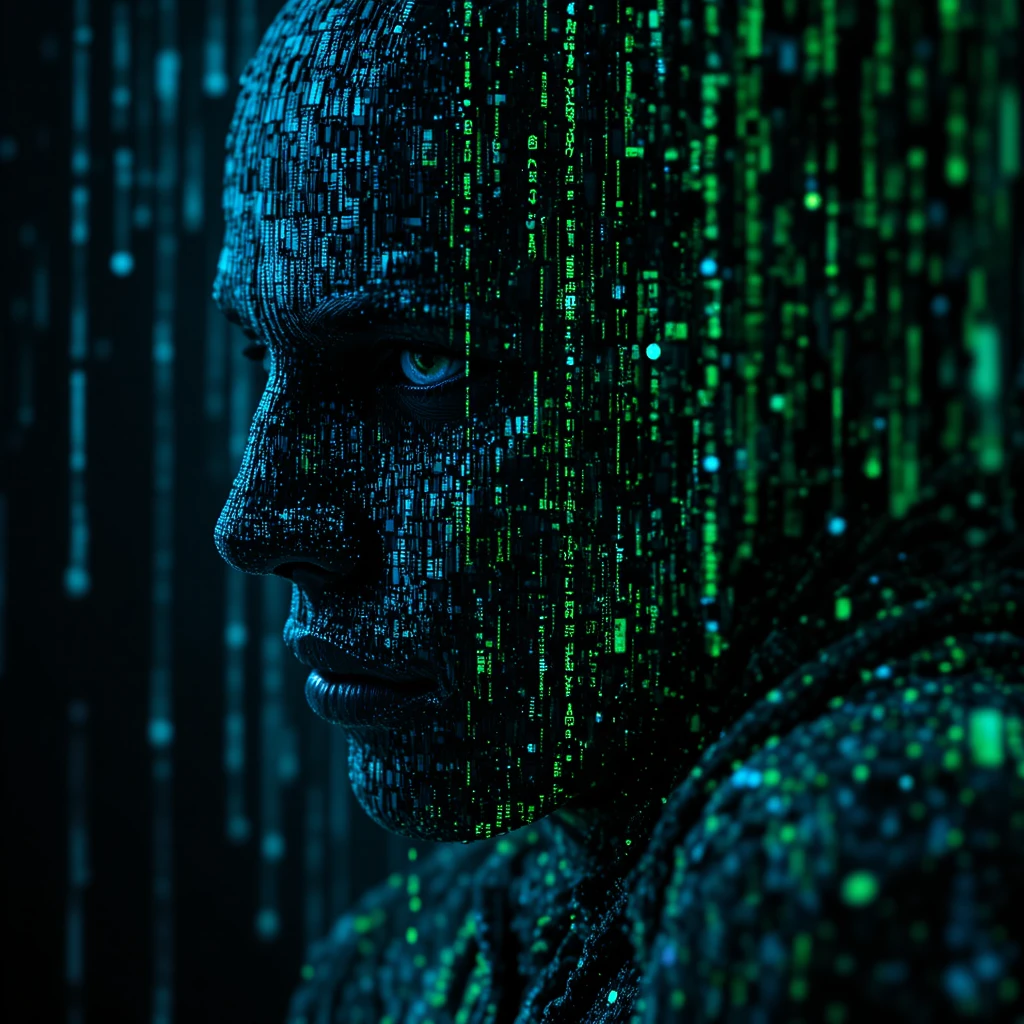Tipografía glitch cinematográfica en una escena oscura de matriz digital
