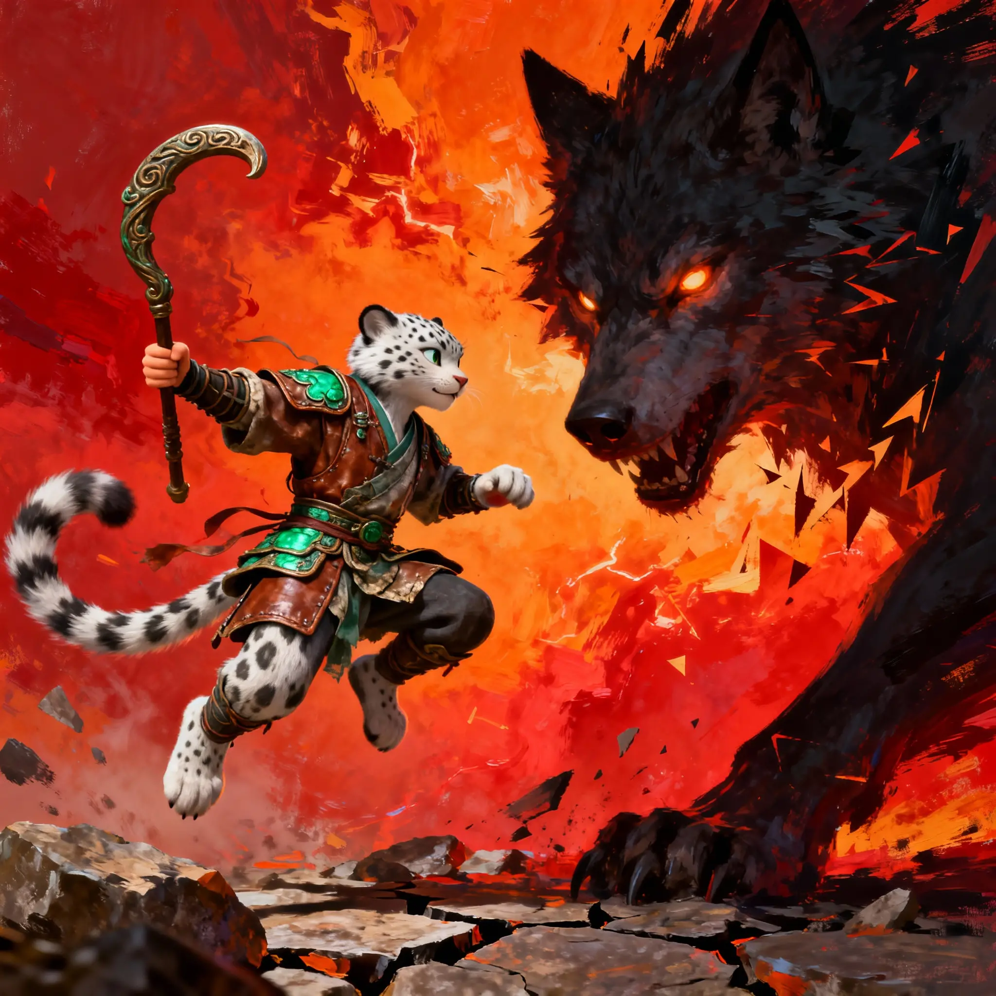 Anthropomorphic snow leopard warrior leaps through glowing battle