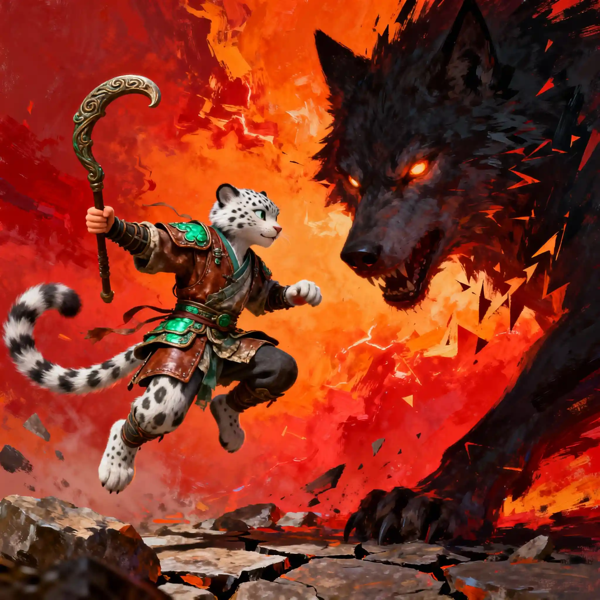 Anthropomorphic snow leopard warrior leaps through glowing battle