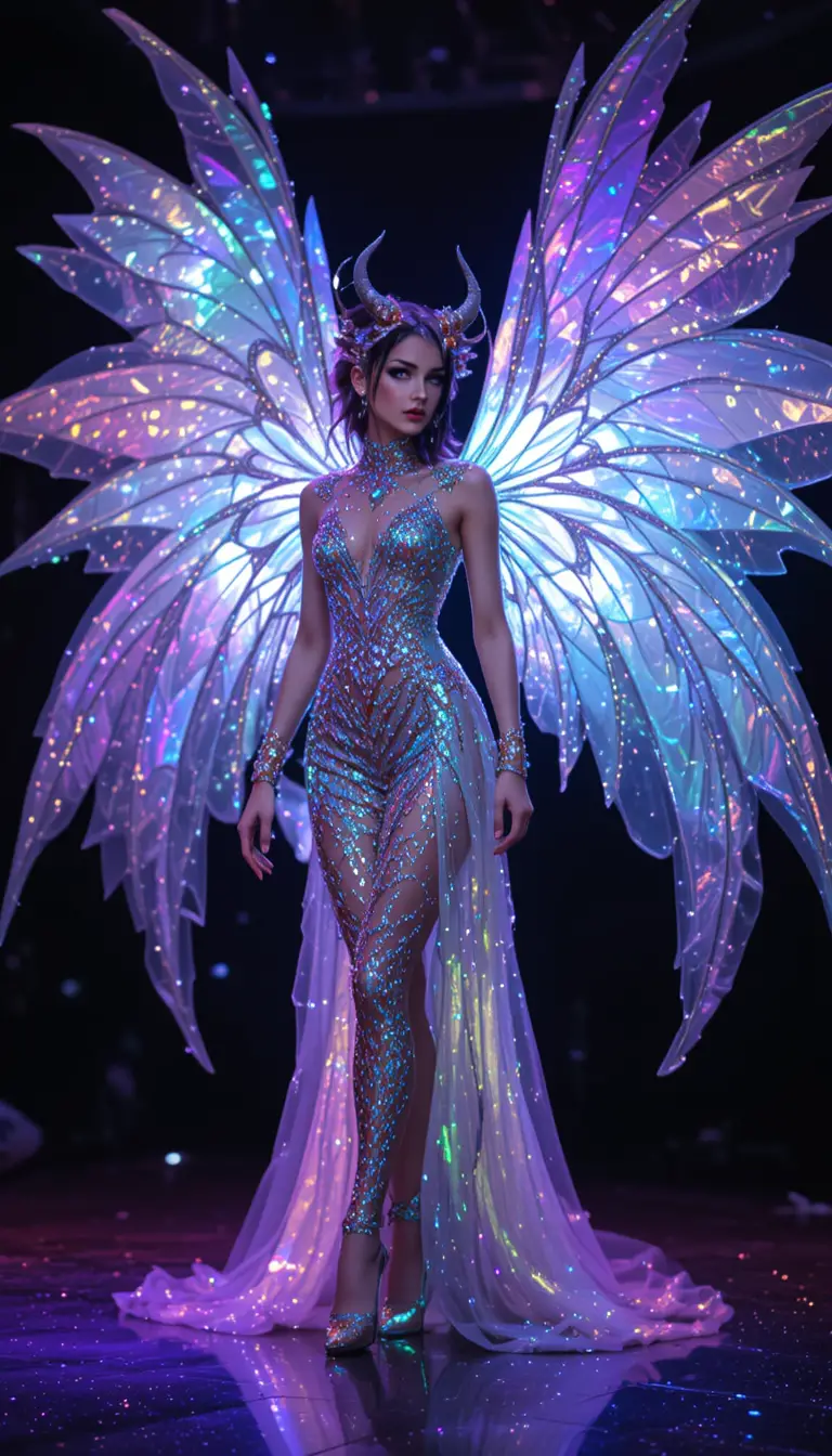 Fantasy performer with iridescent wings on dark stage