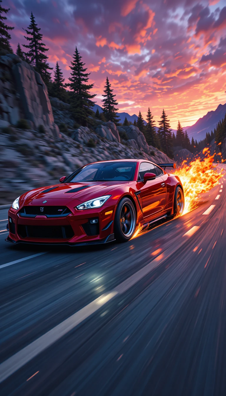 燃える山道をドリフトする赤いスポーツカー
