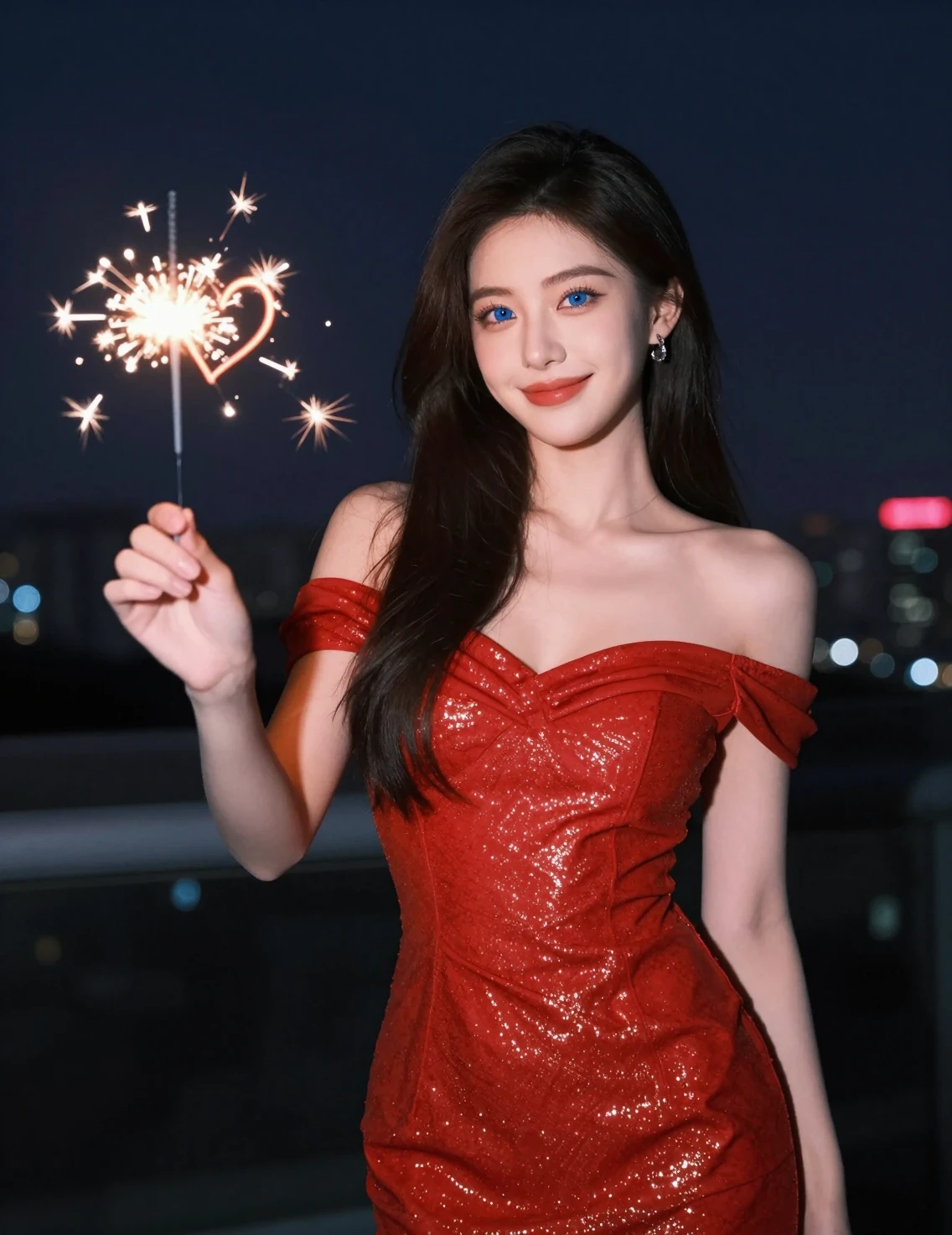 밤 도시에서 불꽃놀이 막대를 들고 미소 짓는 아시아 소녀