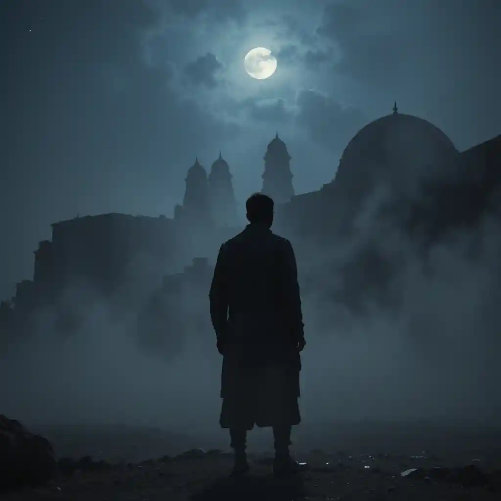 Silhouetted villager at ancient ruins in moonlit fog